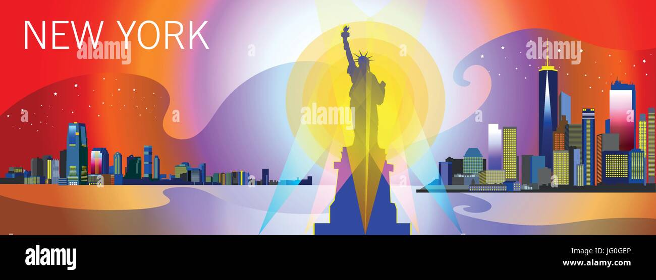Panorama von New York City mit Statue der Freiheit, Wolkenkratzer und Sternen in leuchtenden Farben Stock Vektor