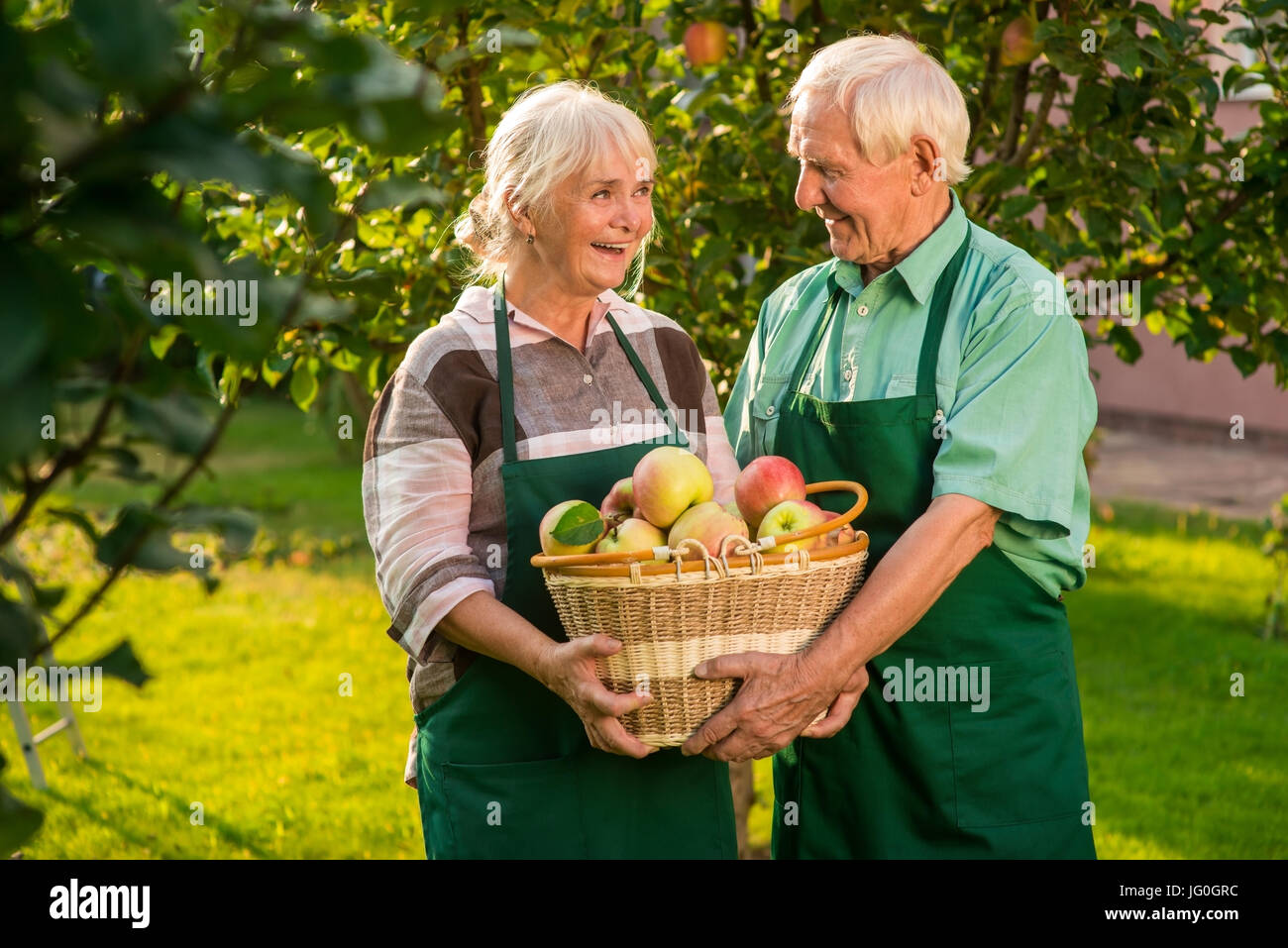 Glückliches Paar Apfelkorb halten. Stockfoto