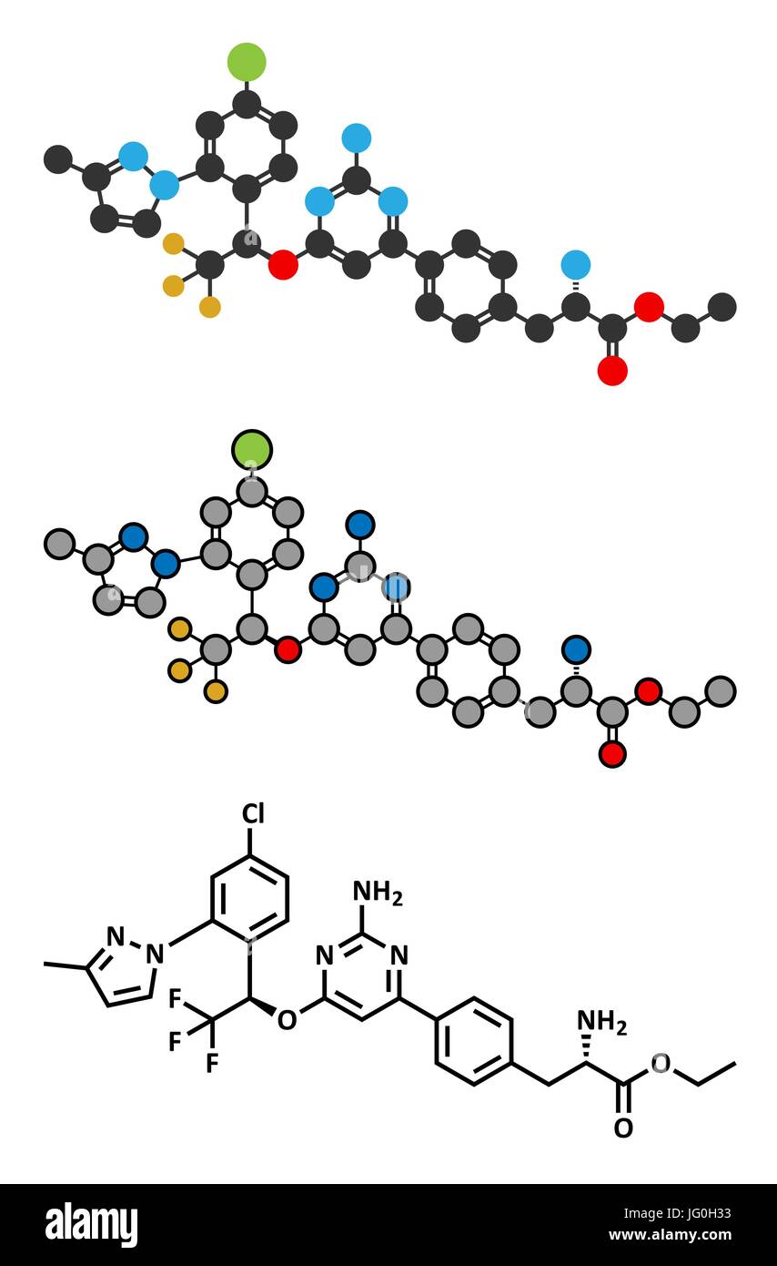 Telotristat Ethyl Wirkstoffmolekül (Tryptophan-Hydroxylase-Hemmer). Konventionelle Skelettformel und stilisierte Darstellungen. Stock Vektor