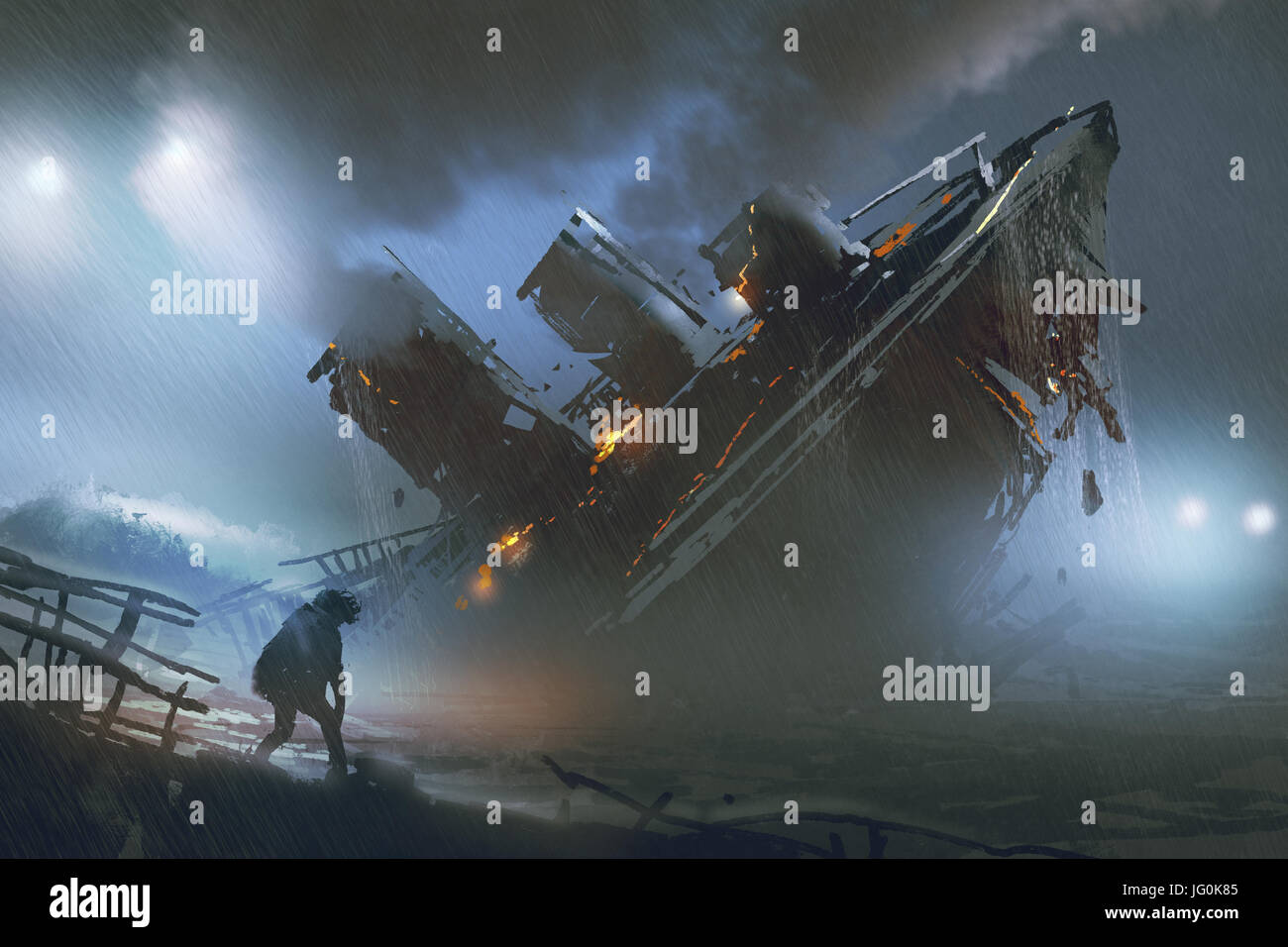 Szene des Menschen entkommen ein sinkendes Schiff in regnerischen Nacht, digitale Kunststil, Illustration, Malerei Stockfoto