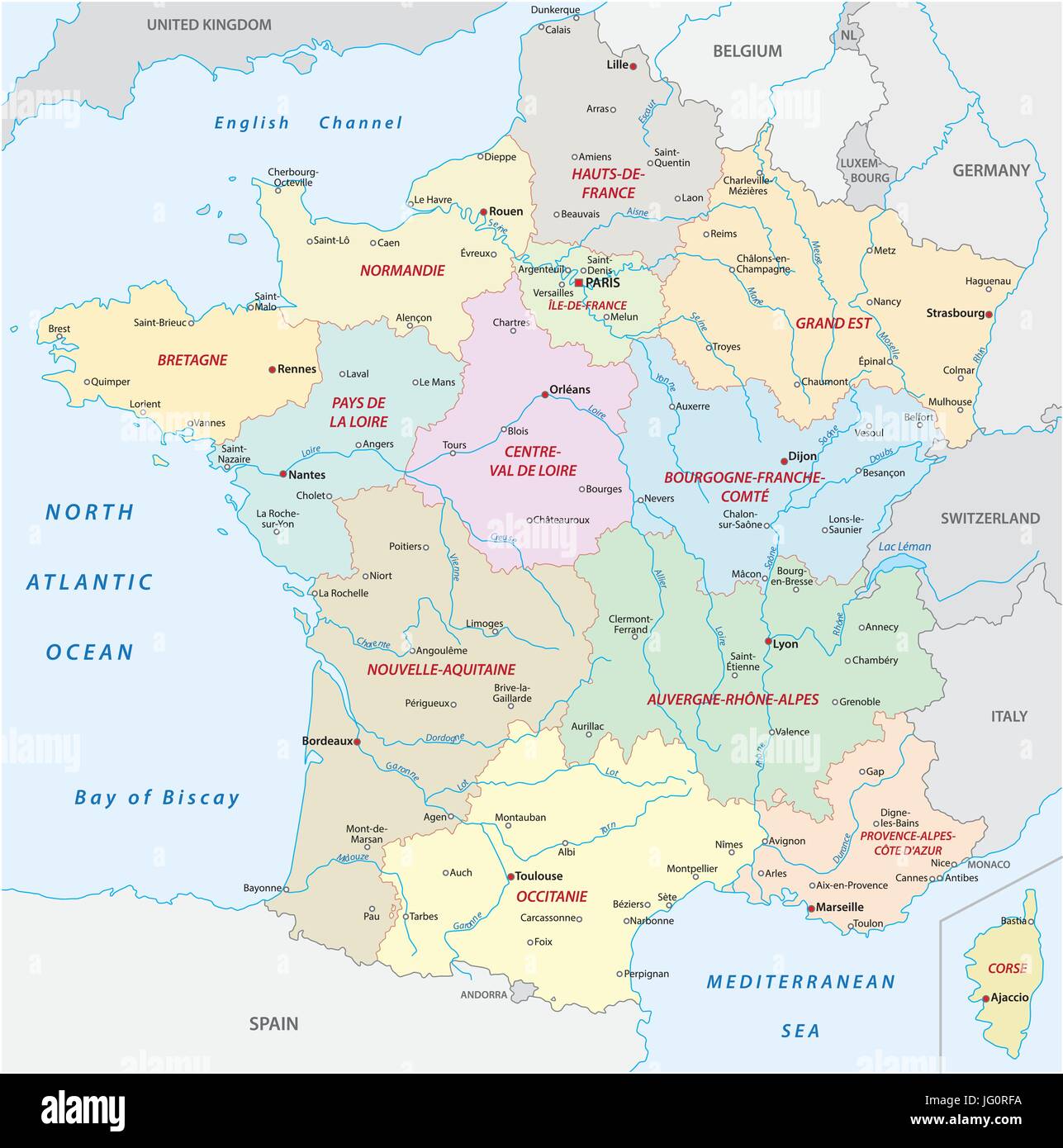 Frankreich-Karte mit den neuen Regionen und die wichtigsten Städte und Flüsse Stock Vektor