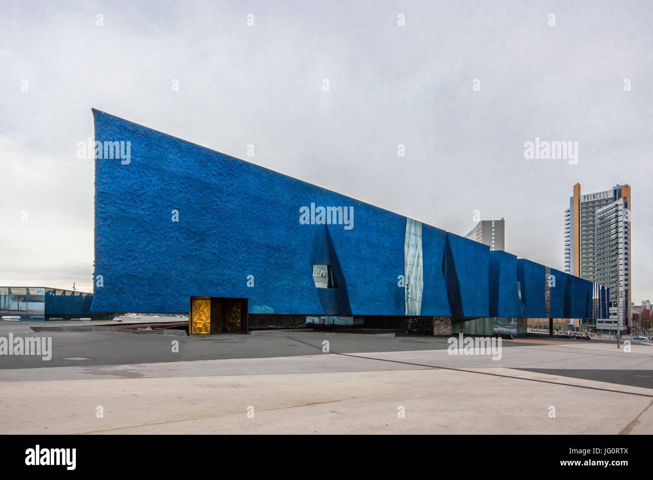 Museu Blau – Naturhistorisches Museum von Barcelona, Forum Building, Herzog & de Meuron Architekten, Süd-West Fassade Stockfoto