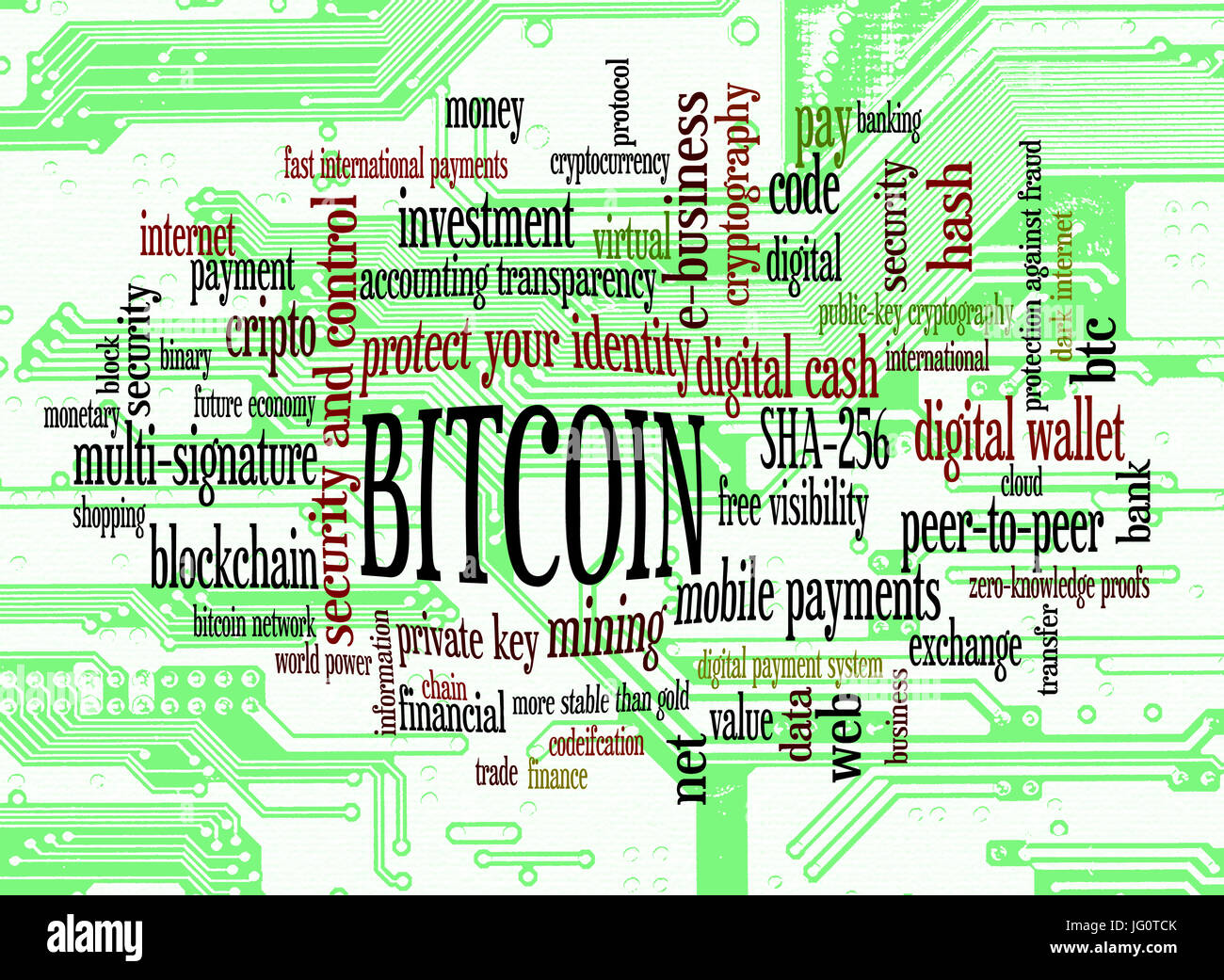 Bitcoin-Wort-Wolke über Platine Makro Stockfoto