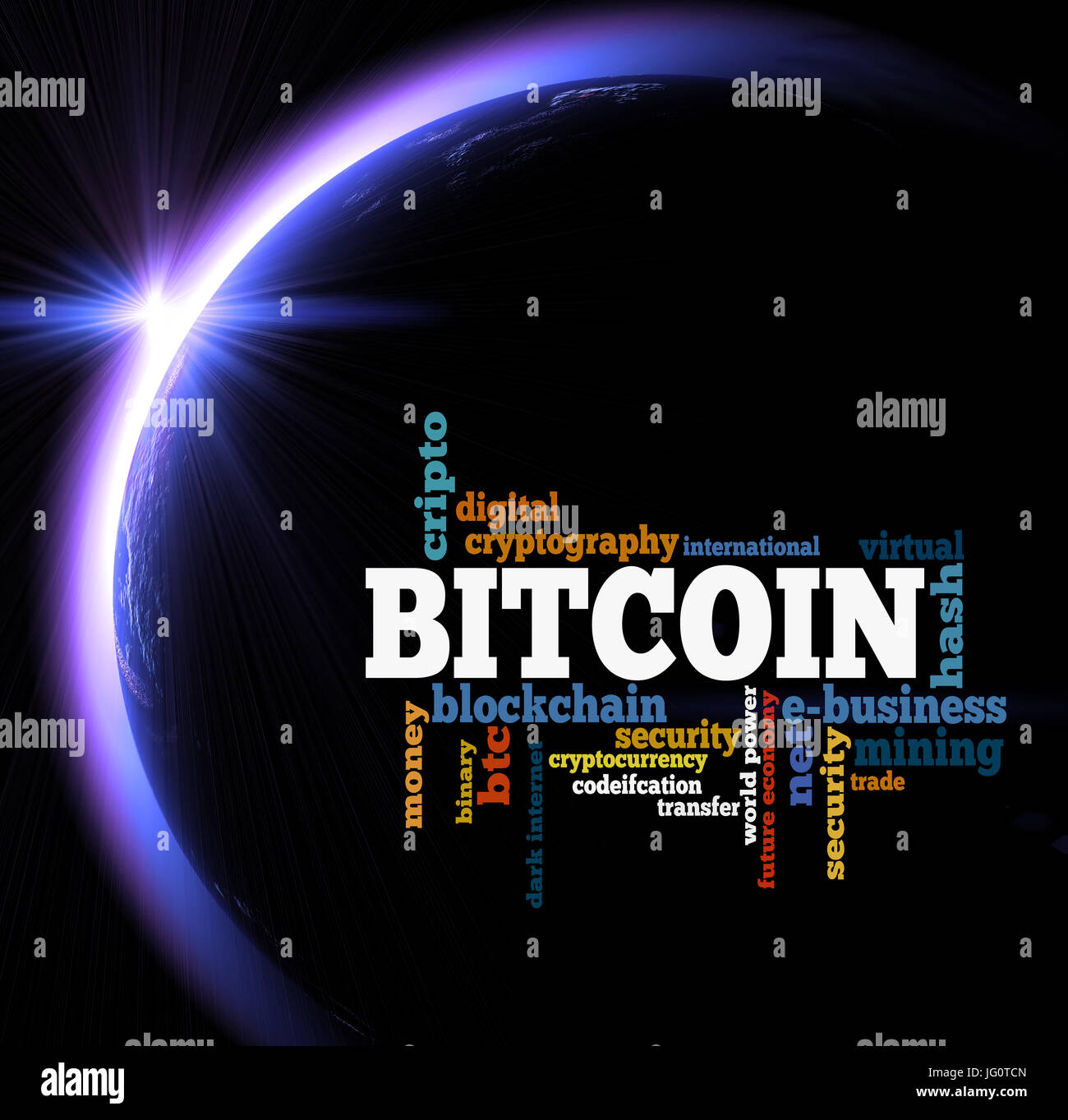 Bitcoin-Wort-Wolke über Sunrise im Raum Stockfoto