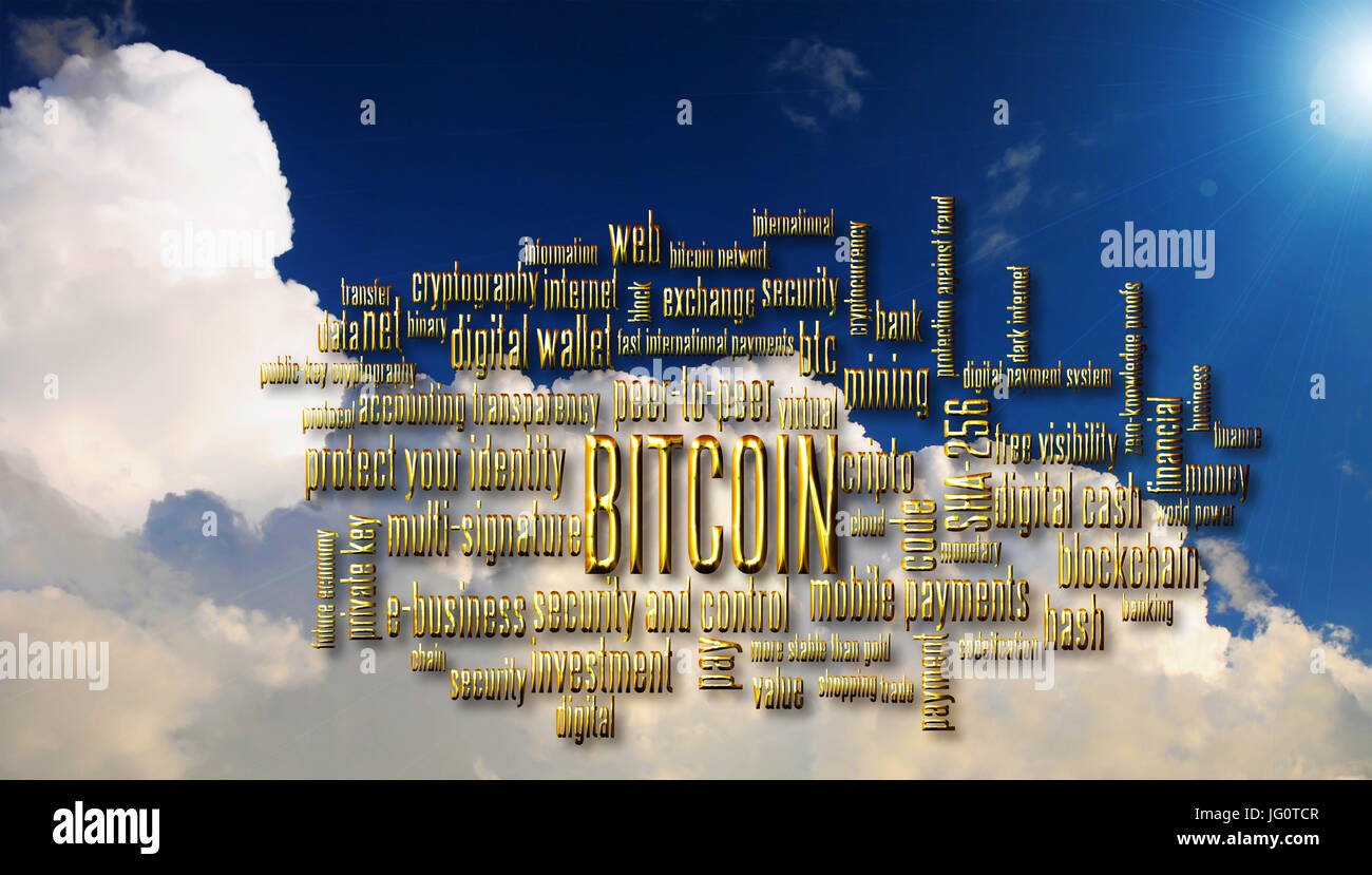 Bitcoin Cripto Währung Wortwolke über sky Stockfoto