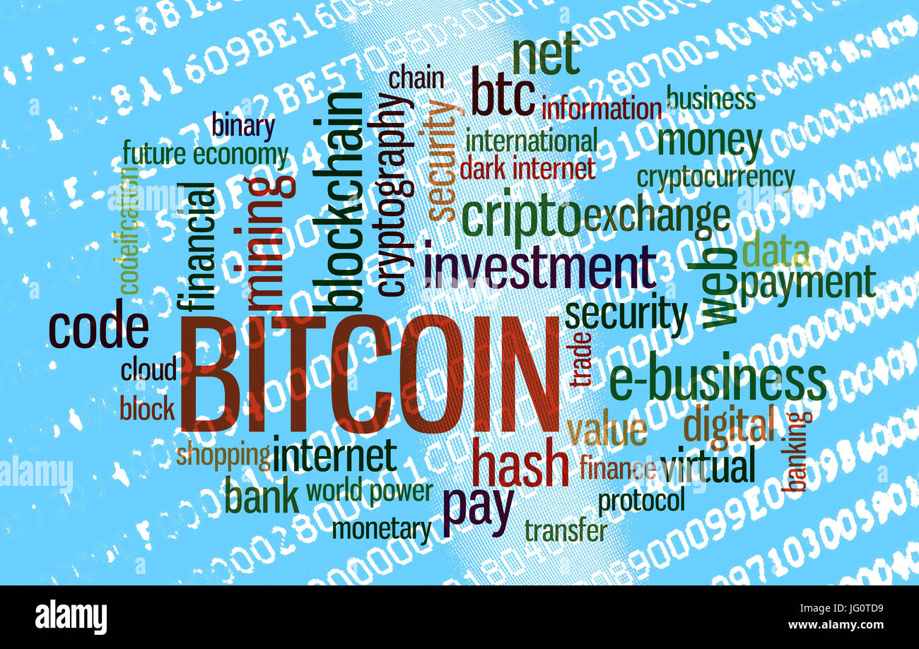 Bitcoin-Wort-Wolke über Binär-code Stockfoto