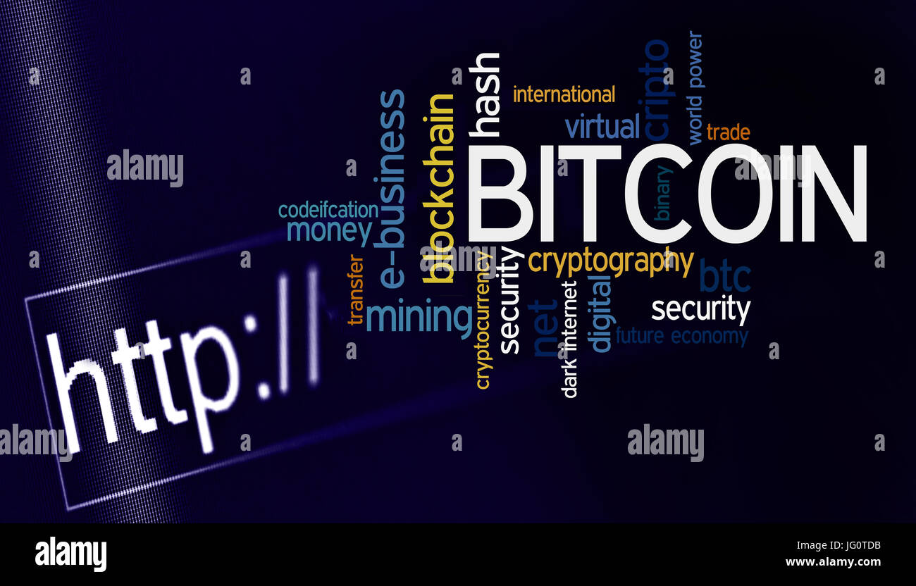 Bitcoin-Wort-Wolke über Computer-Bildschirm Stockfoto