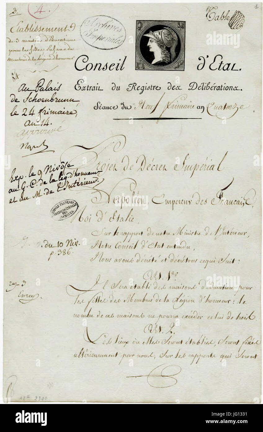 Decreto Créant Les Maisons d'Éducation De La Légion d ' Honneur, 24 Frimaire ein XIV (15 Décembre 1805). 1 - Archive Nationales - AE-II-2300 Stockfoto