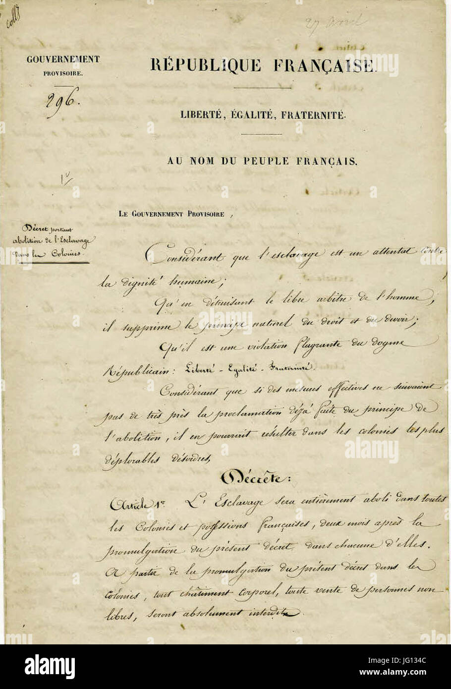 Decreto d'abolition de Esclavage-Archiv nationales-BB-30-1125-A-296 Stockfoto