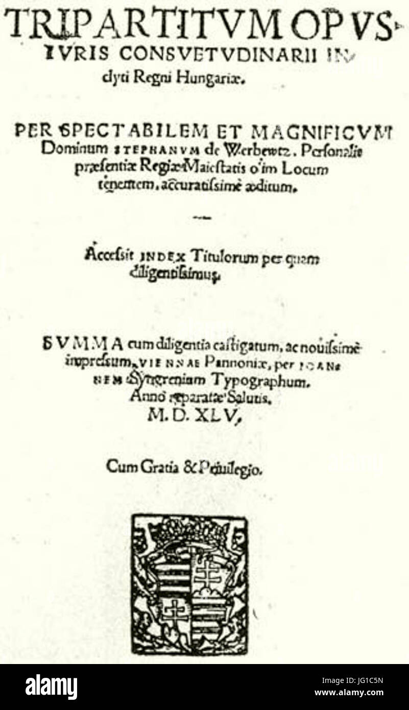 Titelseite der Tripartitum das Gesetzbuch von Ungarn Stockfoto