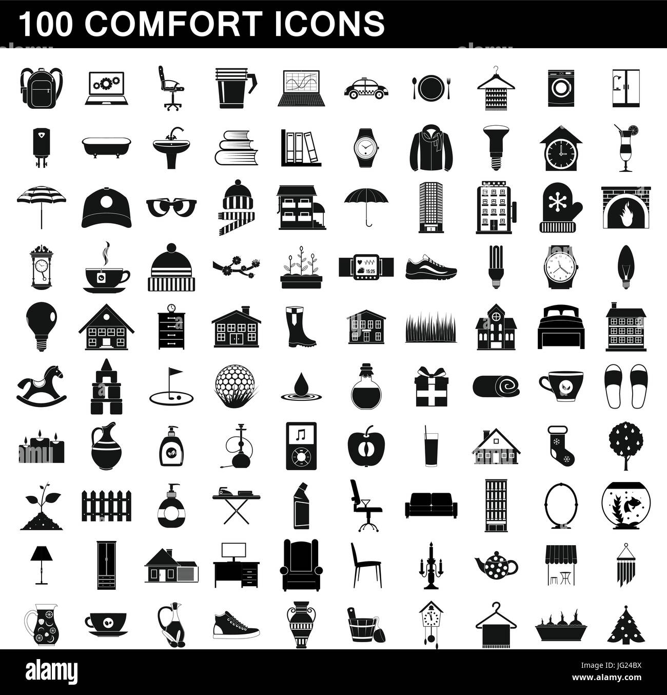 100 Komfort Icons Set, einfachen Stil Stock Vektor