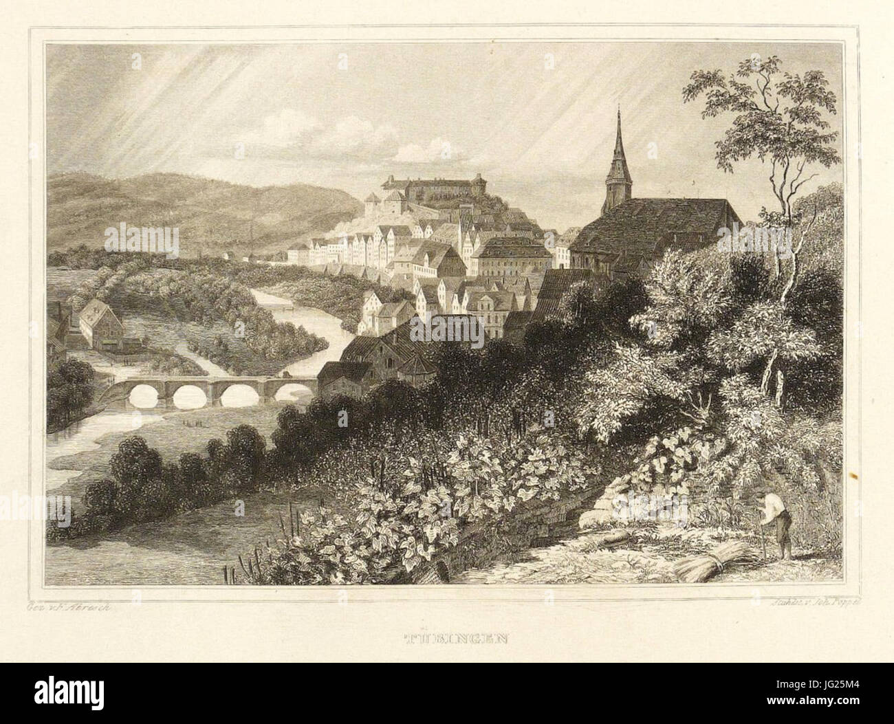 J Poppel Nach Fr Abresch - Tübingen Ostansicht Stahlstich 1842 Stockfoto