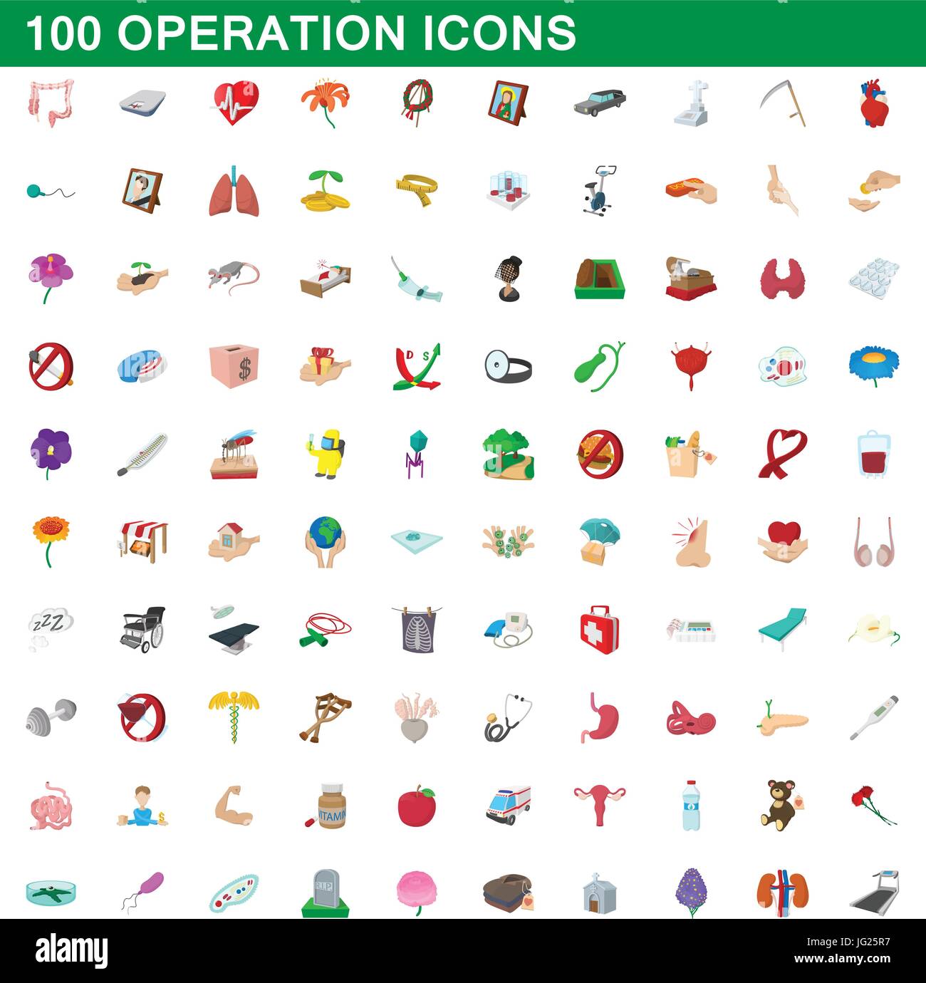 100 Symbole in Betrieb gesetzt, cartoon-Stil Stock Vektor