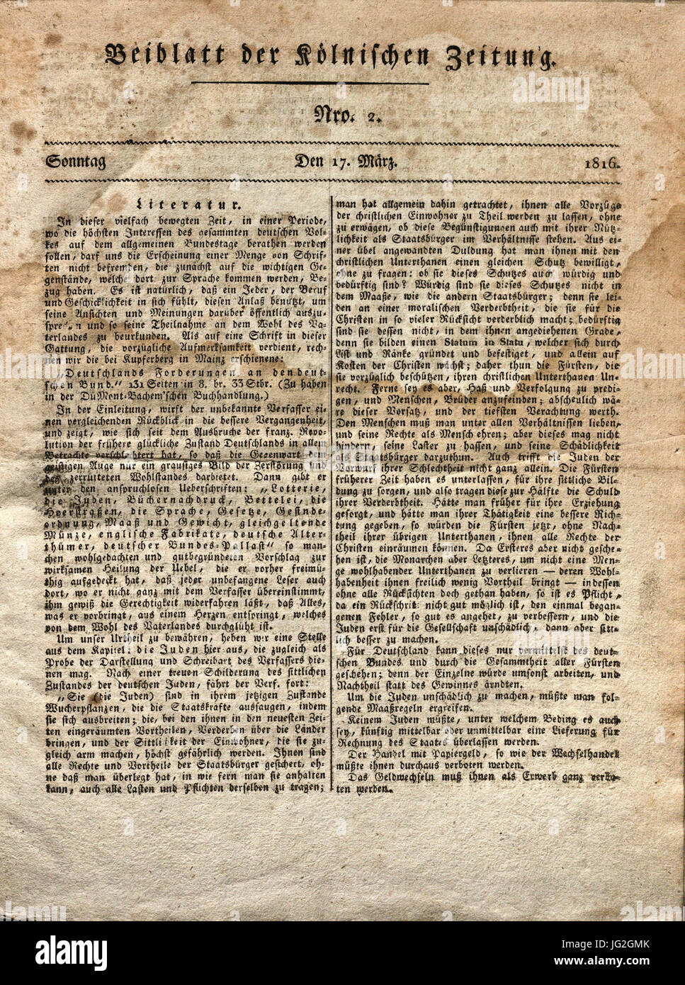 Kölnische Zeitung, Beiblatt, 17. März 1816 Stockfoto