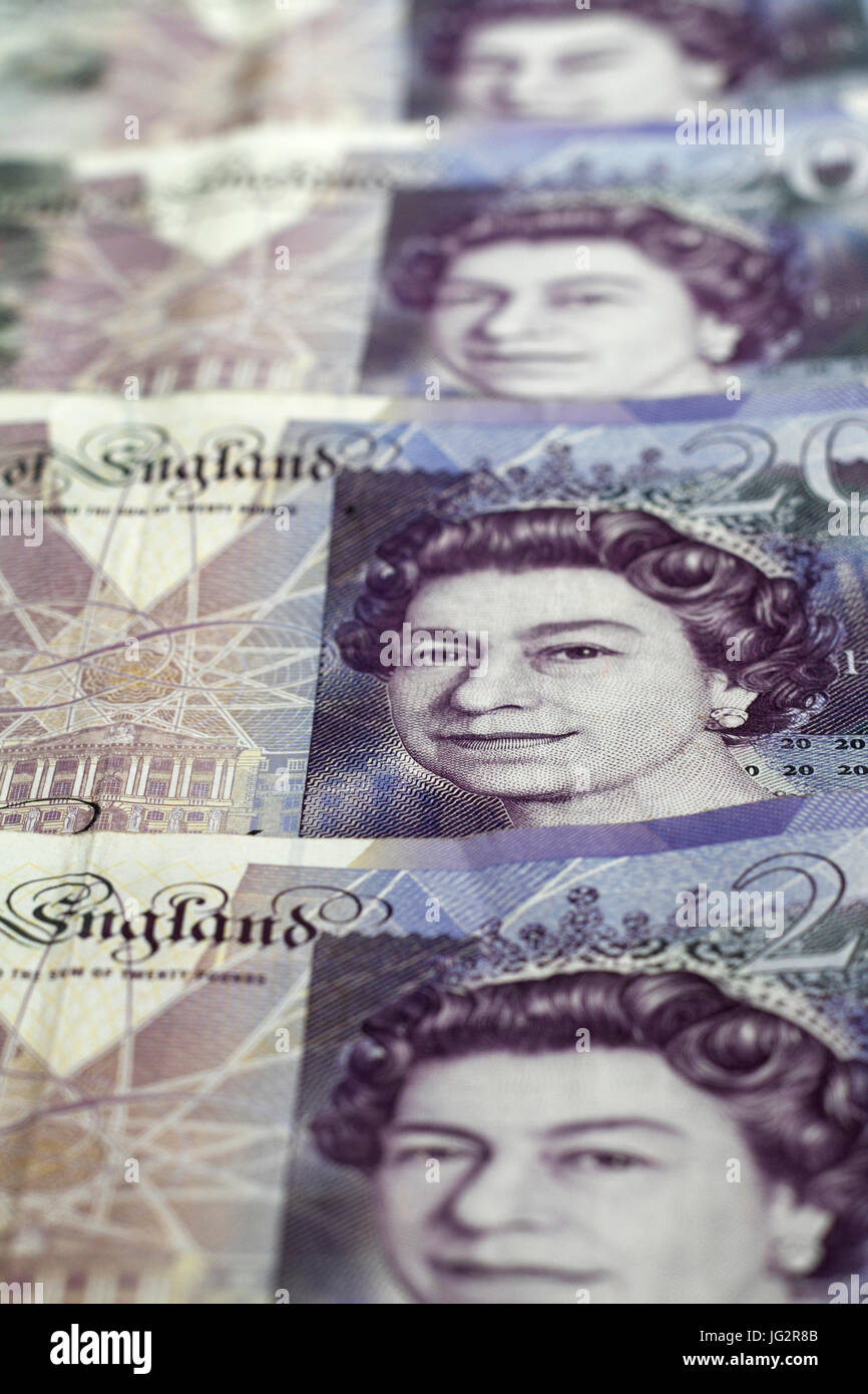 Warschau, Polen - 1. Juli 2017: Britische Währung. Nahaufnahme von 20 Pfund-Banknoten. Stockfoto