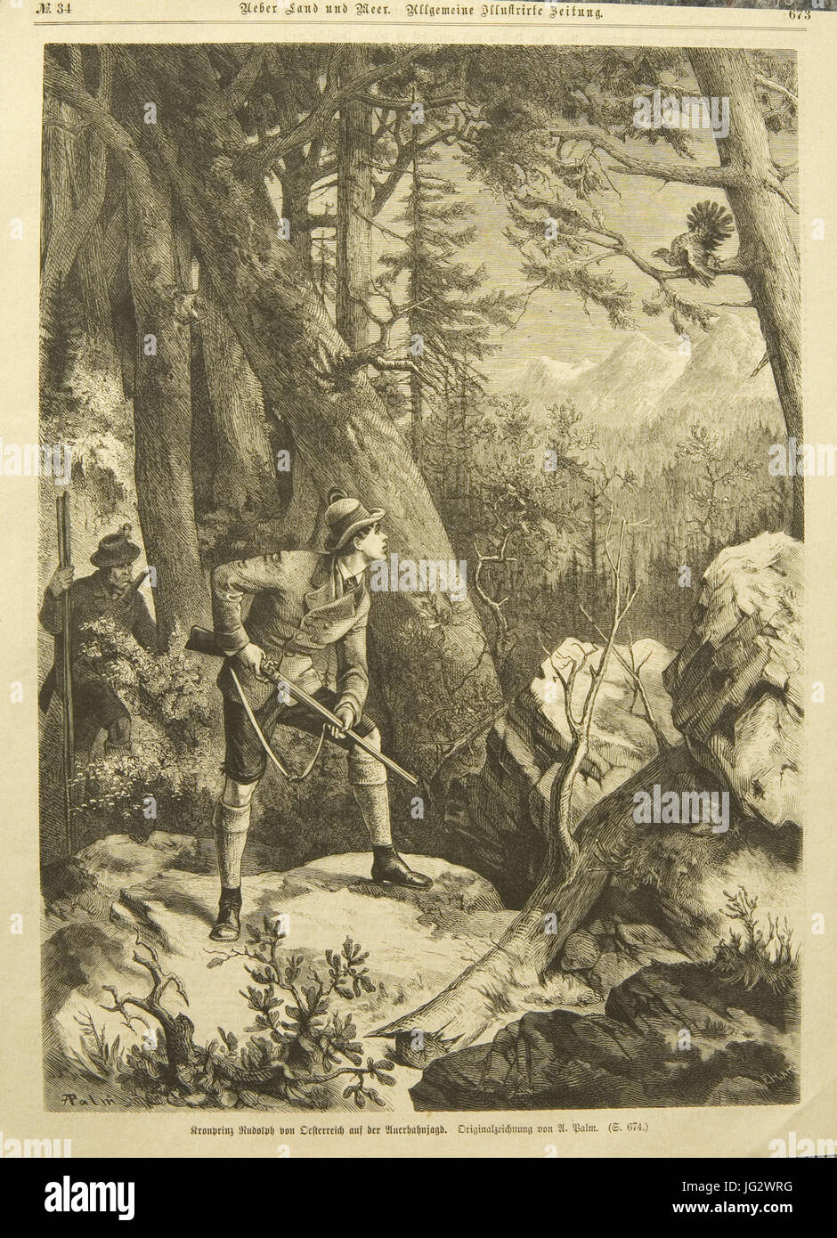 Dieses Bild zeigt Kronprinz Rudolf von Österreich während der Auerhahnjagd und zeigt eine königliche Figur, die sich mit traditionellen Jagdpraktiken beschäftigt und den aristokratischen Lebensstil Europas des 19. Jahrhunderts widerspiegelt. Stockfoto