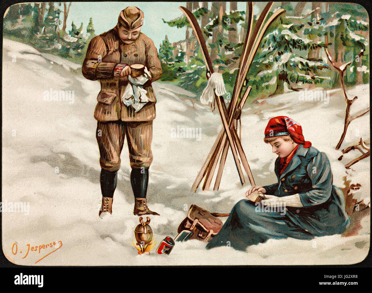 Kvinne Og På Skitur Mann, ca. 1894 Stockfoto