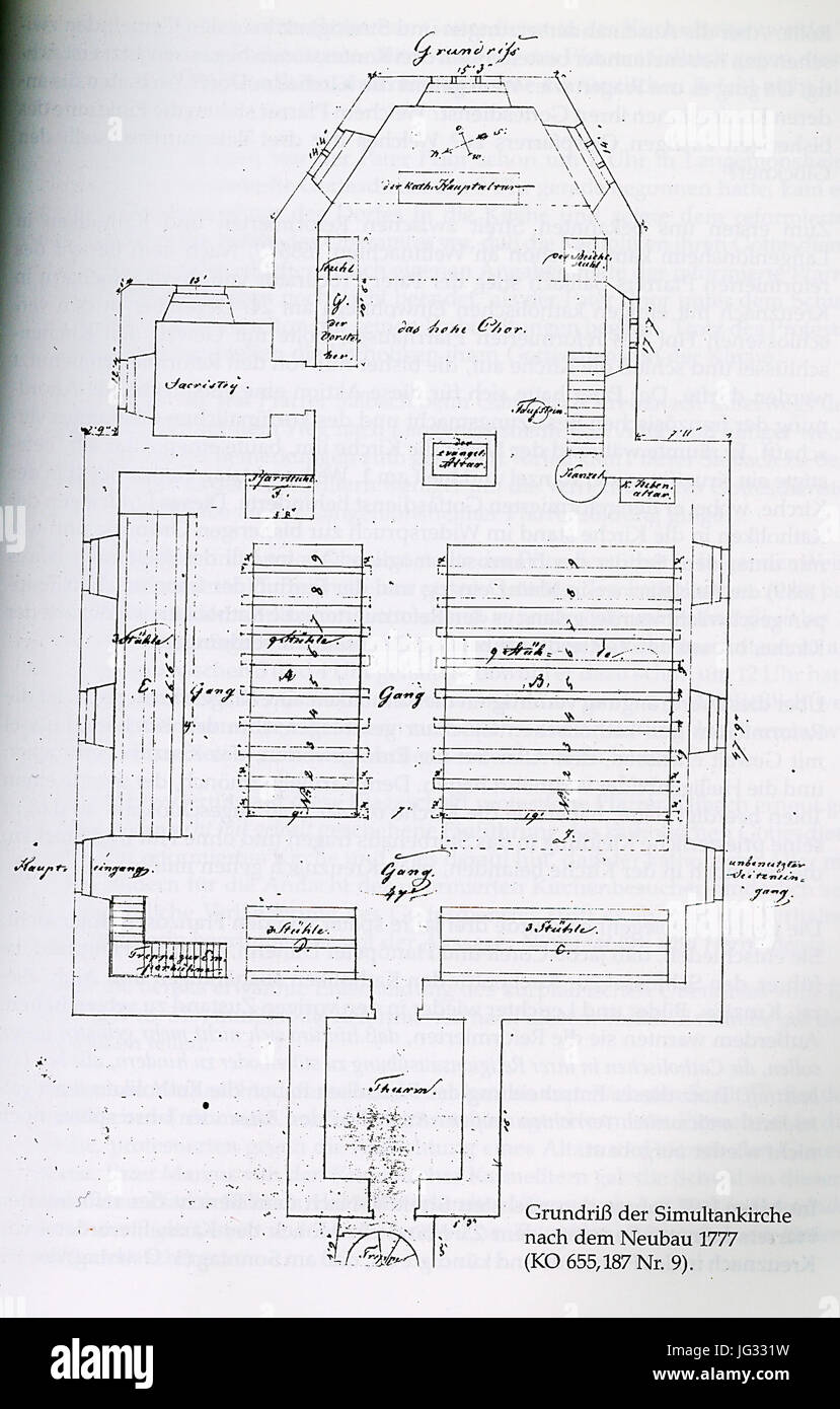 Langenlonsheim (Bad Kreuznach), Simultankirche von 1658 Bis 1907, Grundriss der Simultankirche Nach Dem Neubau 1777, Vor 1907 (von 1907 Bis 1908 Erbauten sterben Katholiken Ihre Pfarrkirche St. Johannes der Täufer ein 0011 Stockfoto