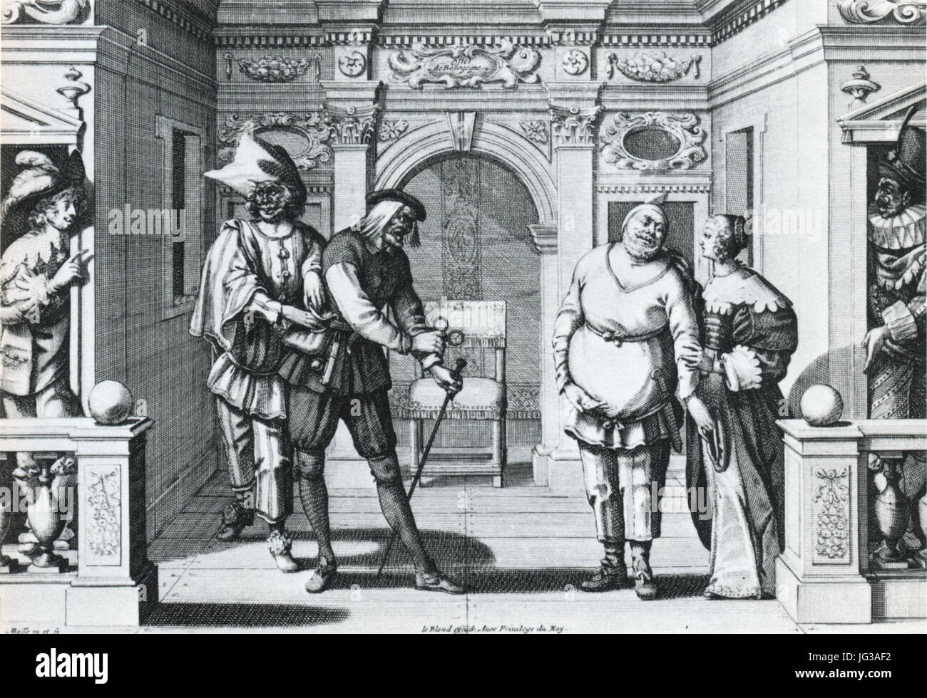 Ein Kupferstich von Abraham Bosse, der die Bühnenbilder des historischen Pariser Theaters Hôtel de Bourgogne darstellt. Die Illustration zeigt die architektonischen und gestalterischen Elemente des französischen Theaters aus dem 17. Jahrhundert. Stockfoto