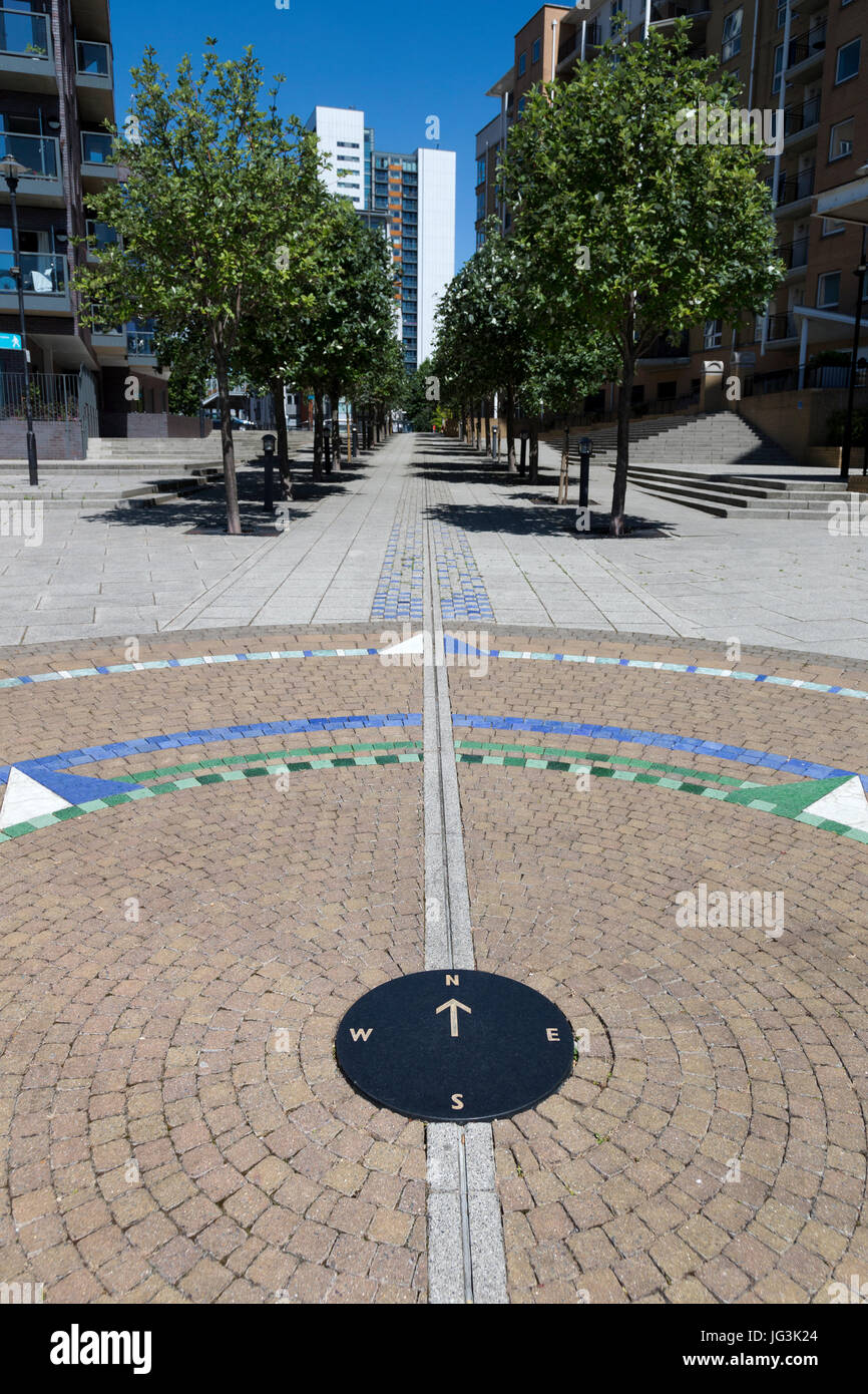 Nullmeridian Line Marker, Isle of Dogs, London, UK. Stockfoto