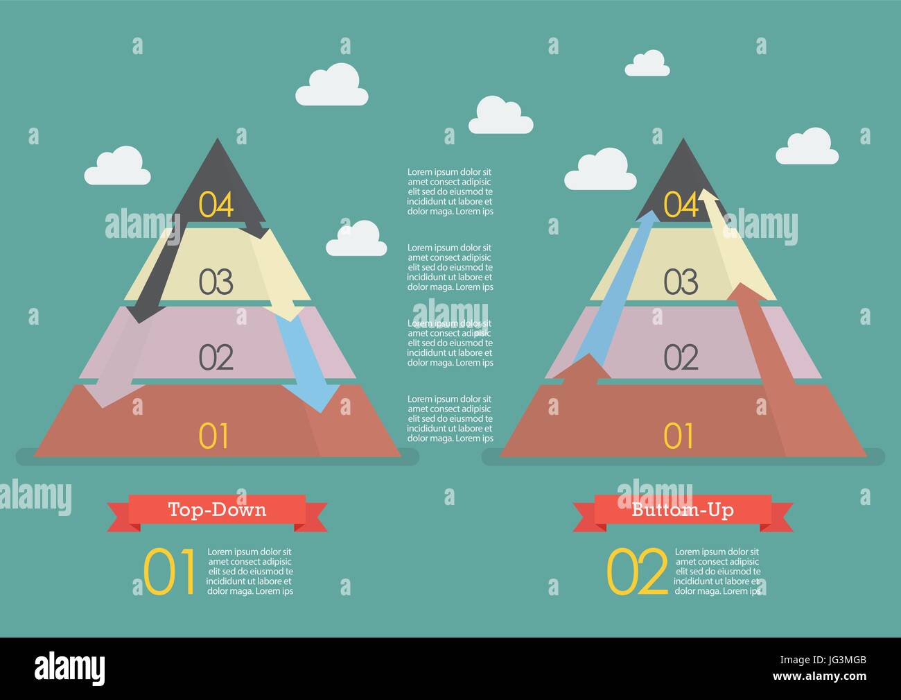 Top-down und Bottom-up-Pyramide Business Strategie Infografik Stock Vektor