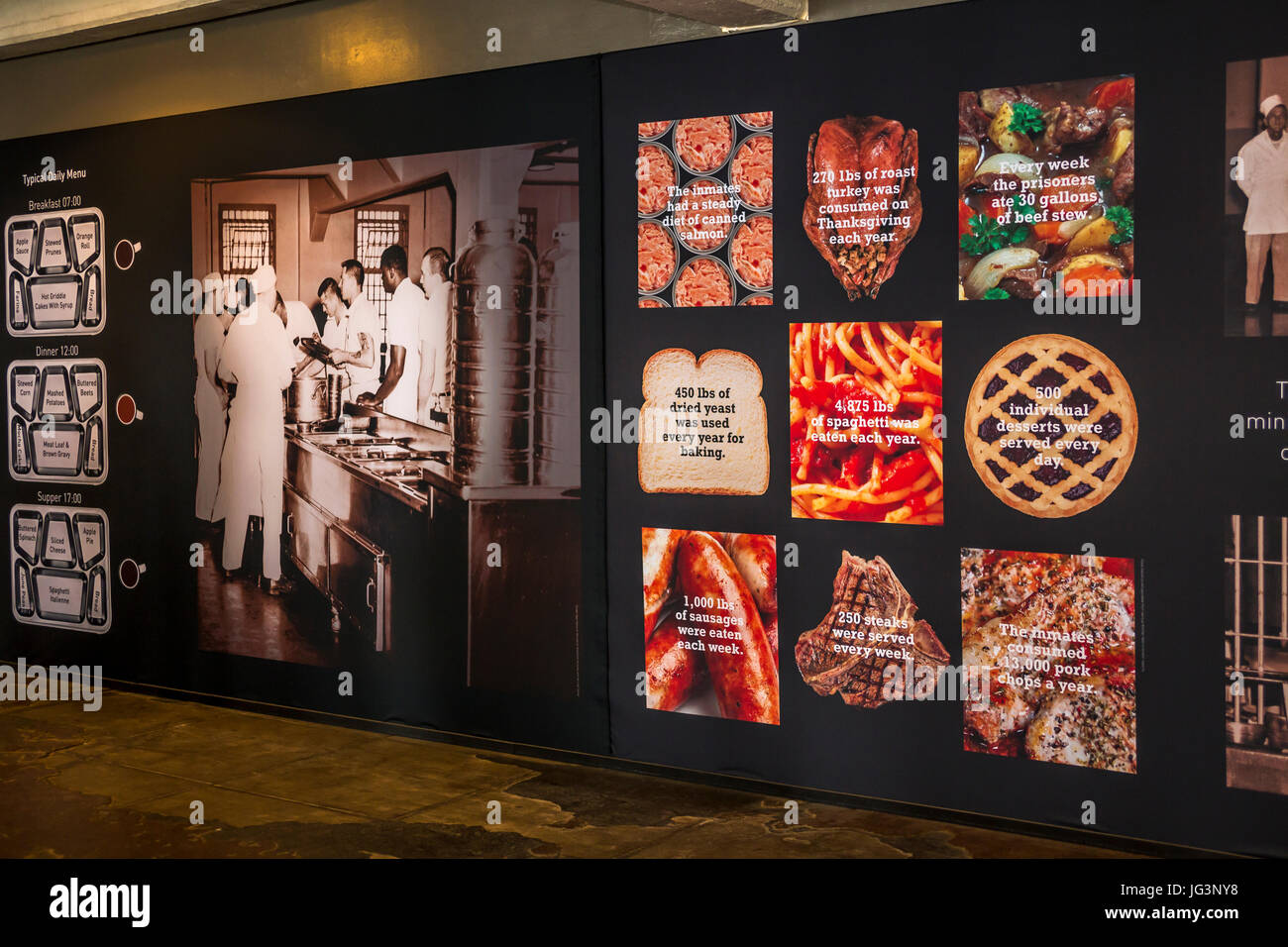 historisches Foto der Küchenbereich, Gefängnis Alcatraz, San Francisco, Kalifornien, Vereinigte Staaten Penitentiary, Alcatraz Island, historisches Foto, Ausstellung, Menü Stockfoto