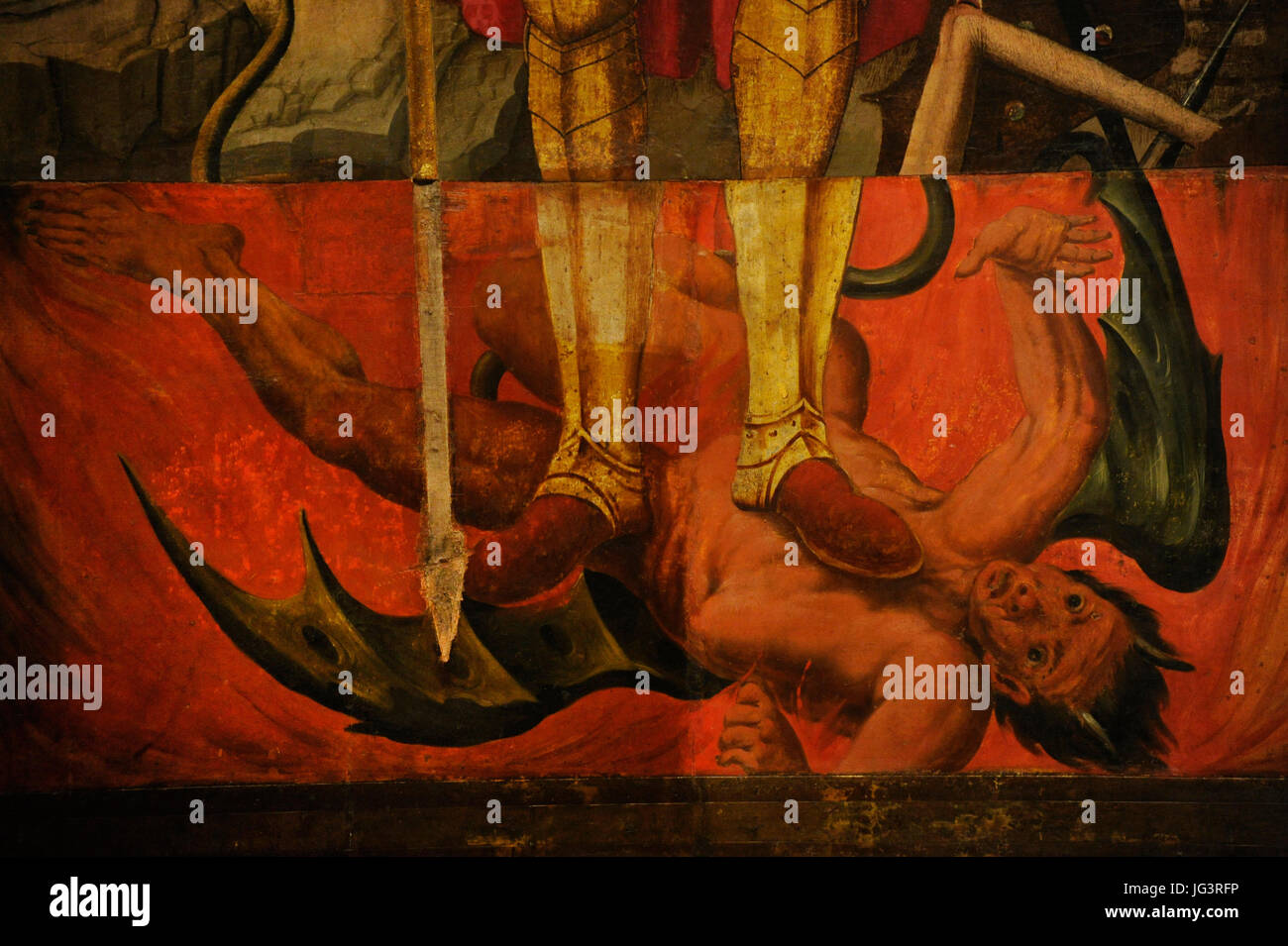Jaume Huguet (ca.1412-1492). Spanischer Maler. Altarbild des Heiligen Michael der Einzelhändler, ca.1445-1460. Detail des zentralen Fach Darstellung St. Michael im Kampf mit dem Teufel. Gothic. Von der Kapelle der Zunft der Kaufleute und Händler. Kirche Santa Maria del Pi, Barcelona. Nationalen Kunstmuseum von Katalonien. Barcelona. Katalonien. Spanien. Stockfoto