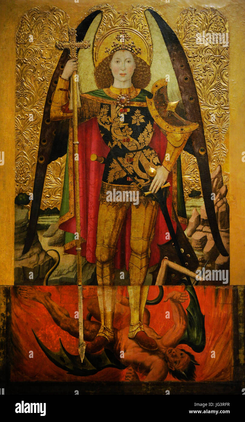 Jaume Huguet (ca.1412-1492). Spanischer Maler. Altarbild des Heiligen Michael der Einzelhändler, ca.1445-1460. Zentralen Fach Darstellung St. Michael im Kampf mit dem Teufel. Gothic. Von der Kapelle der Zunft der Kaufleute und Händler. Kirche Santa Maria del Pi, Barcelona. Nationalen Kunstmuseum von Katalonien. Barcelona. Katalonien. Spanien. Stockfoto