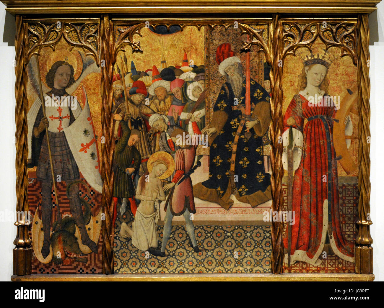 Bernat Martorell (h.1400-1452). Spanischer Maler. Heiliger Michael, Martyrium der Heiligen Eulalia und Saint Catherine. Altarbild, Santa Eulalia, 1442-1445. Gothic. Herkunft unbekannt. Nationalen Kunstmuseum von Katalonien. Barcelona. Katalonien. Spanien. Stockfoto