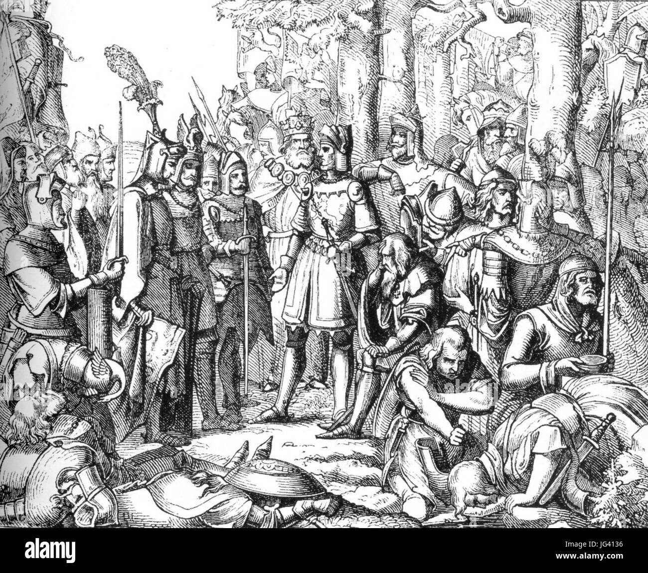 Dieser Titel bezieht sich auf die Nachwirkungen der Schlacht bei Mühldorf, einem bedeutenden Konflikt im Heiligen Römischen Reich im Spätmittelalter. Die Schlacht, die 1322 ausgetragen wurde, war Teil des Konflikts zwischen Ludwig IV. Von Bayern und Friedrich I. von Österreich. Stockfoto