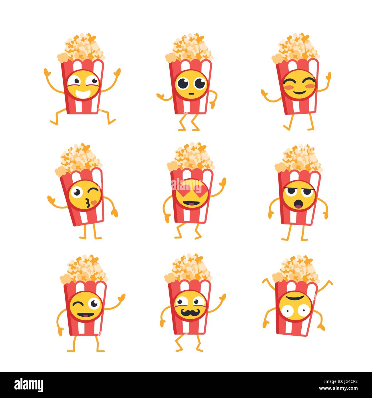 Popcorn-Cartoon-Figur - moderne Vektor Vorlagensatz Maskottchen Illustrationen. Geschenk-Bilder von Popcorn, tanzen, lachen, eine gute Zeit. Emoticons Stock Vektor