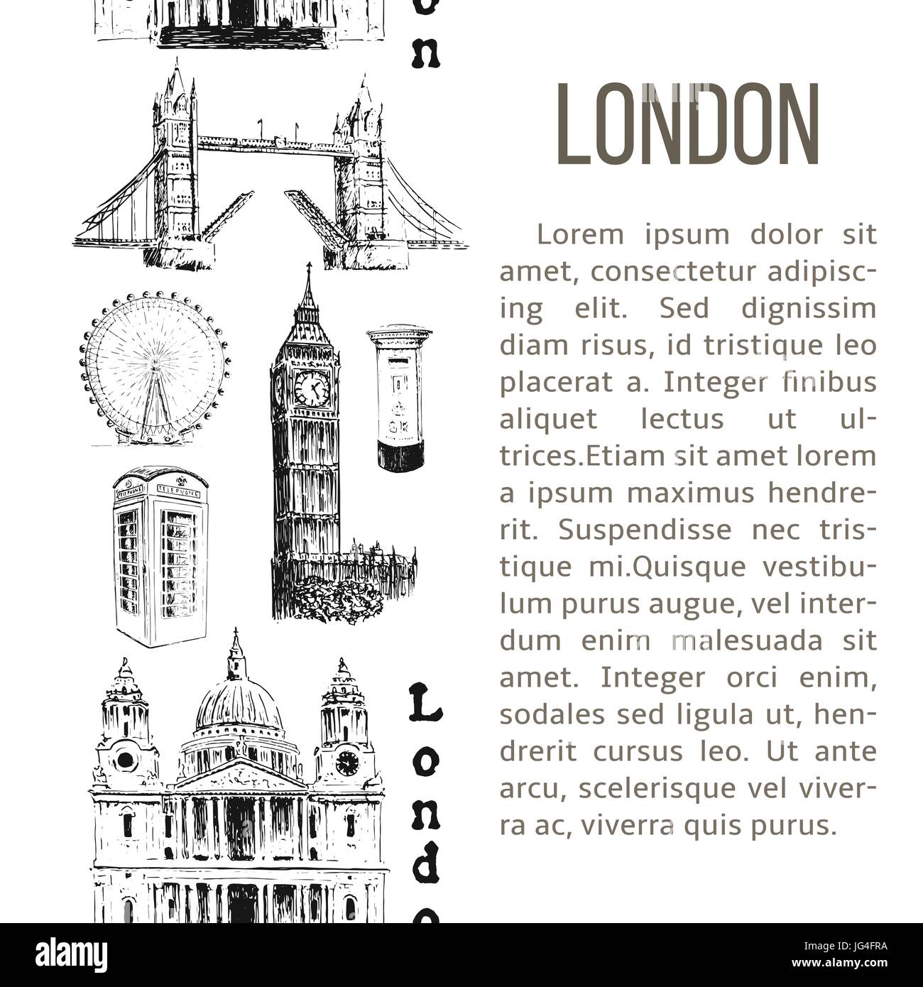 Architektursymbole London. vertikale Streifen mit Beschreibungstext. Big Ben, Tower Bridge, Bus, Briefkasten, Feld anrufen. Skizze der Vektorgrafik. Für t Stock Vektor