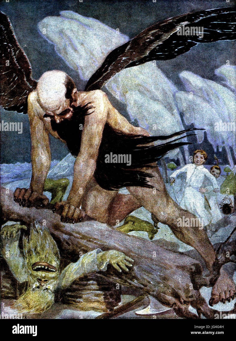 Peterchens Mondfahrt - Gemälde S. 108 - Der Kampf Mit Dem Mondmann, Engl. Der Kampf mit dem Mann-on-the-Moon, Illustration von Hans Bartuschek, Verlag Hermann Klemm Stockfoto