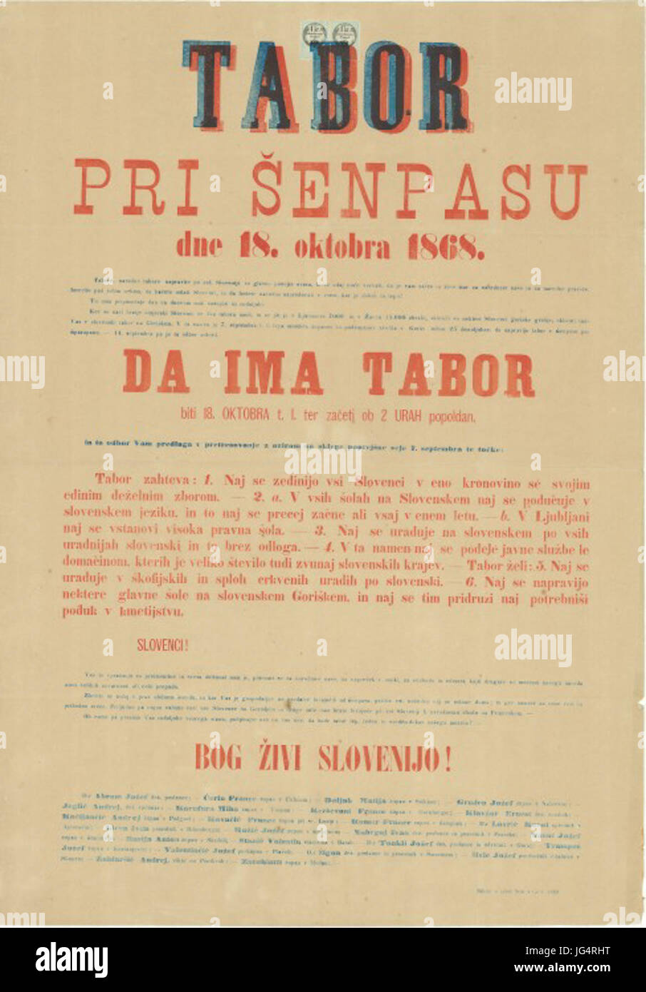Plakat Za Tabor Pri Šenpasu Dne 18. Oktobra 1868 Stockfoto