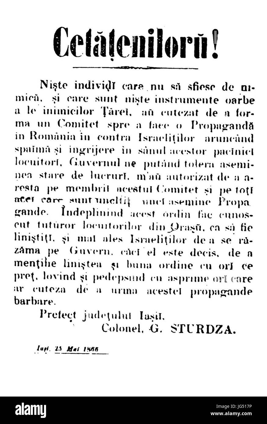 Präfekt Grigore M. Sturdza vs. die Antisemiten von Iaşi, 25. Mai 1866 Stockfoto