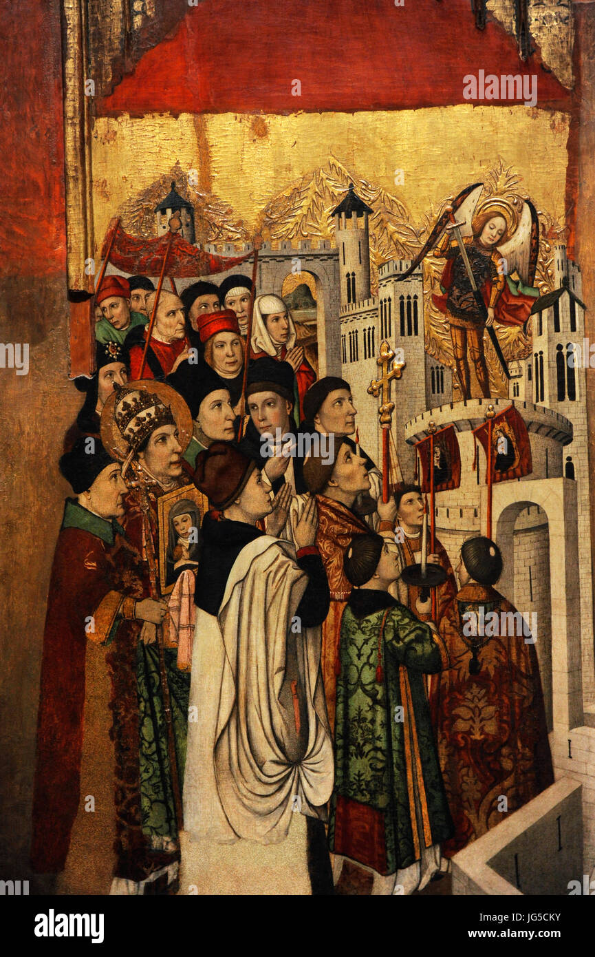Jaume Huguet (ca.1412-1492). Spanischer Maler. Altarbild des Heiligen Michael der Einzelhändler, ca.1445-1460. Detail zeigt die Erscheinung des Heiligen Michael in Castel Sant Angelo. Gothic. Von der Kapelle der Zunft der Kaufleute und Händler. Kirche Santa Maria del Pi, Barcelona. Nationalen Kunstmuseum von Katalonien. Barcelona. Katalonien. Spanien. Stockfoto
