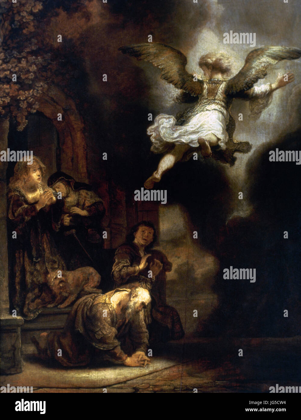 Rembrantdt (1606-1669). Niederländischer Maler. Die Erzengel Leaving Tobit und seiner Familie, 1637. Museum des Louvre. Paris. Frankreich. Stockfoto