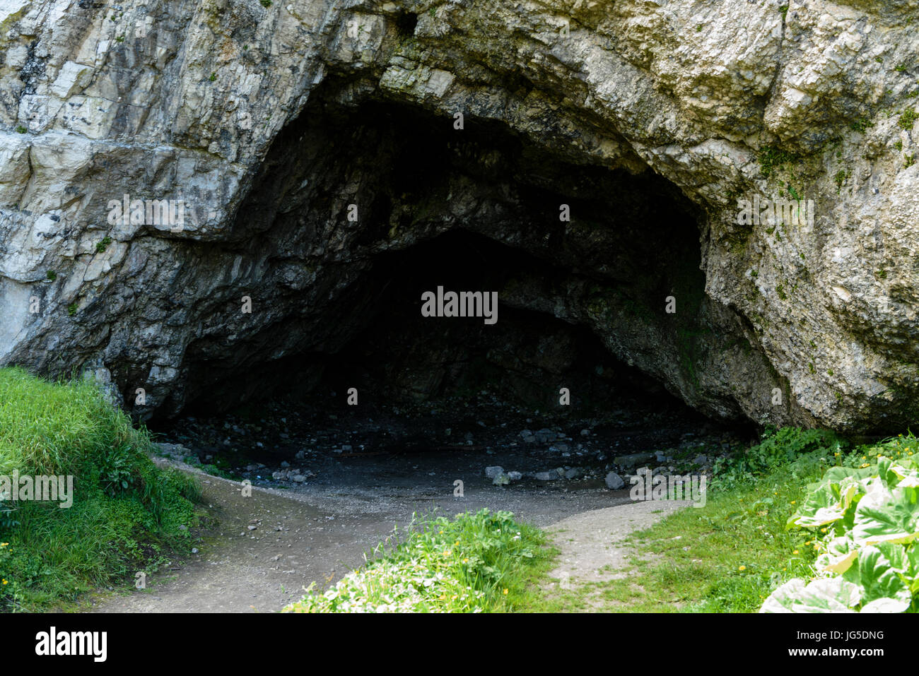 Küste Höhle in Ballintoy Harbour.  Archaeogists haben Beweise ausgegraben, sei es eine prähistorische Behausung für Höhlenmenschen. Stockfoto