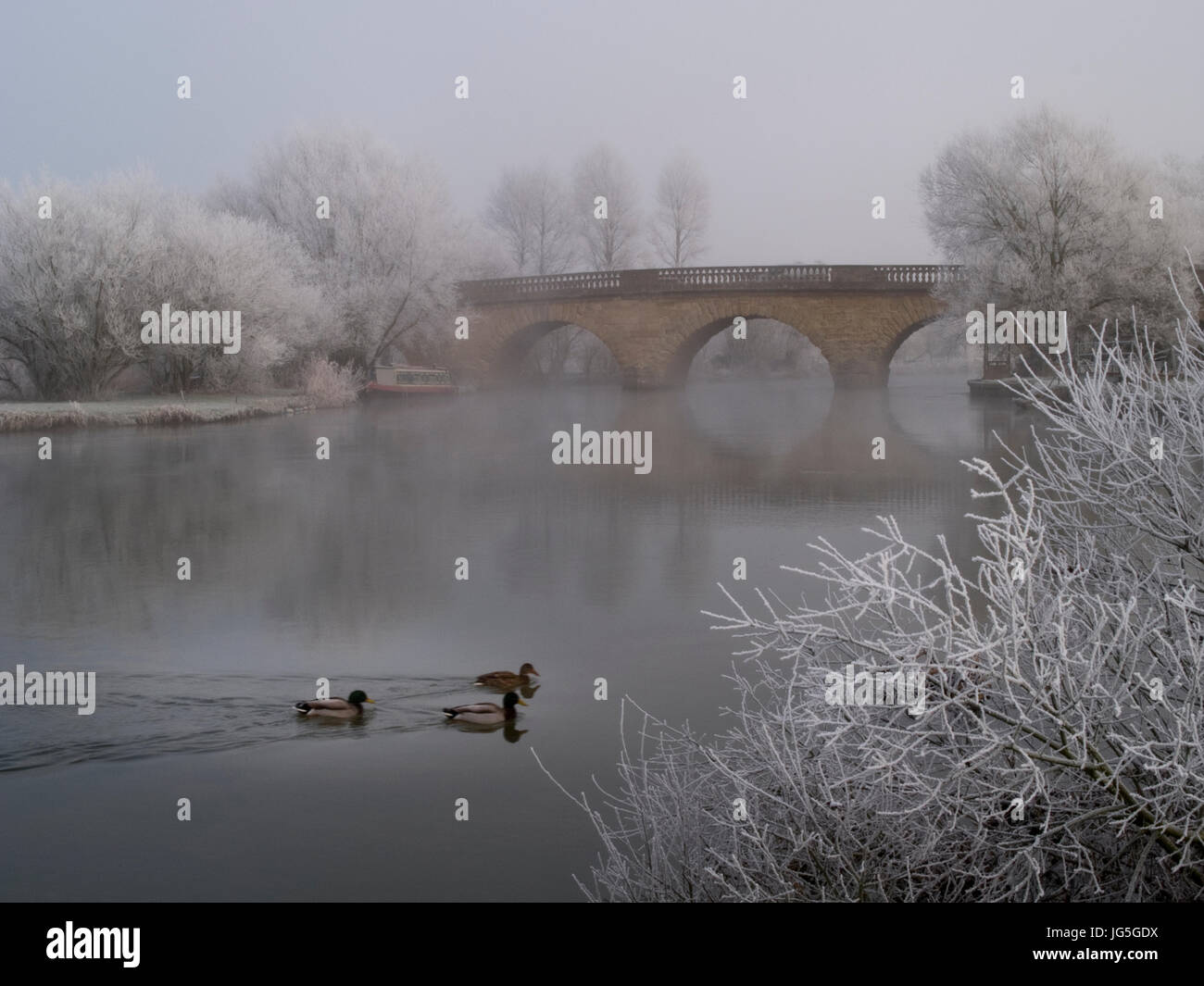 Brücke in einem gefrorenen Winterszene, Oxfordshire, Vereinigtes Königreich Stockfoto