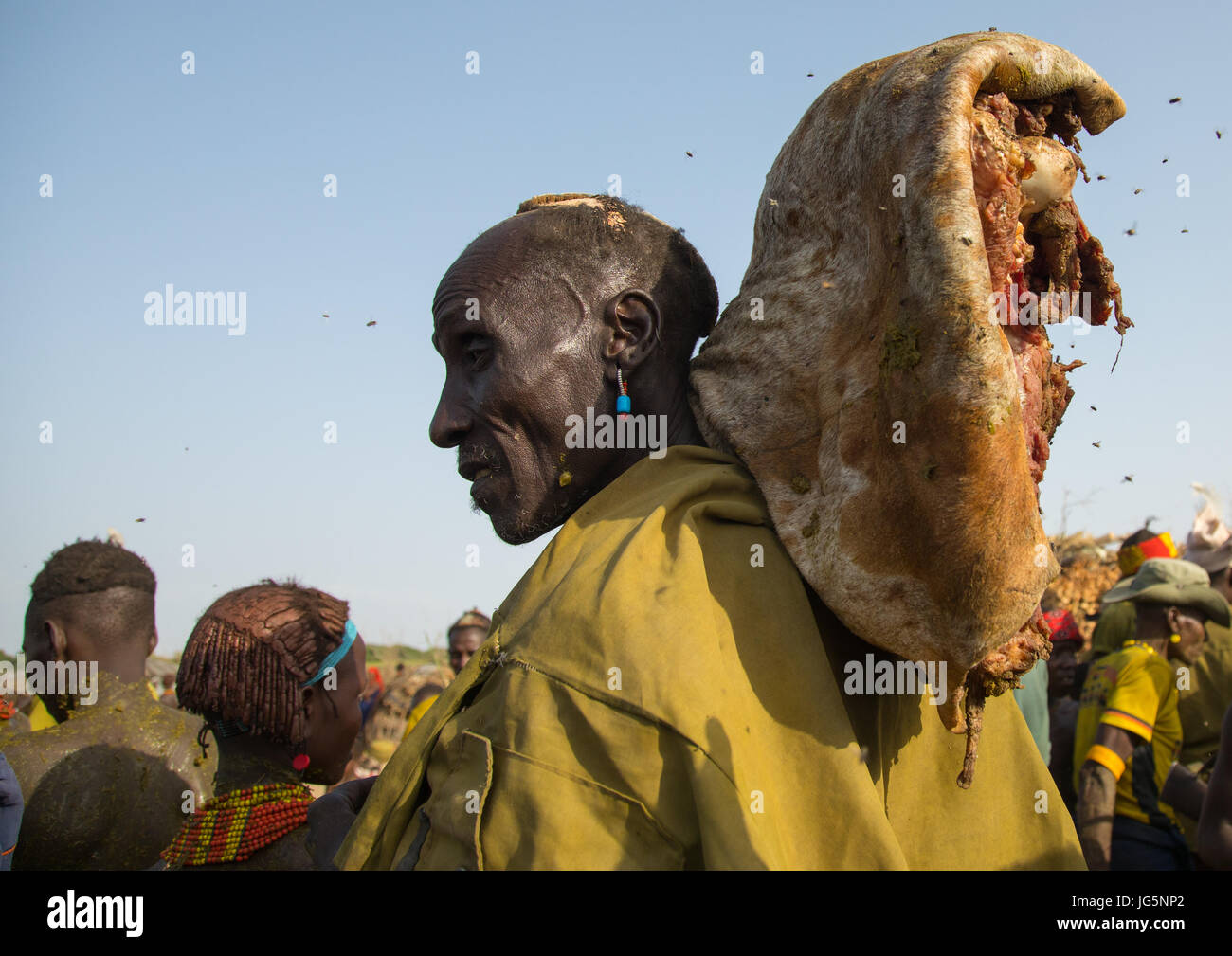 Alte Mann trägt ein großes Stück Fleisch Kuh während der Zeremonie stolz Ochsen in Dassanech Stamm, Turkana County, Omorate, Äthiopien Stockfoto