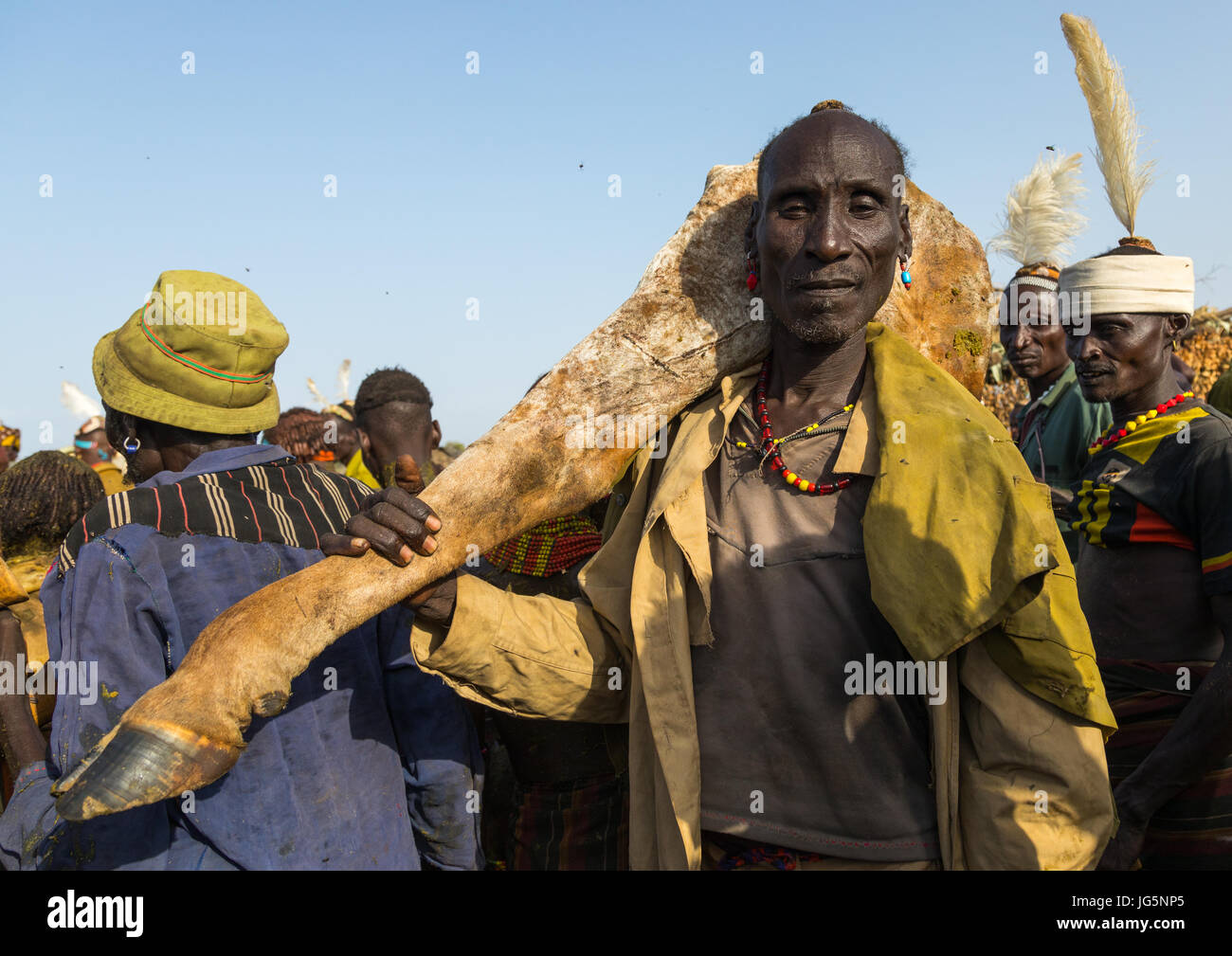 Alte Mann trägt ein großes Stück Fleisch Kuh während der Zeremonie stolz Ochsen in Dassanech Stamm, Turkana County, Omorate, Äthiopien Stockfoto