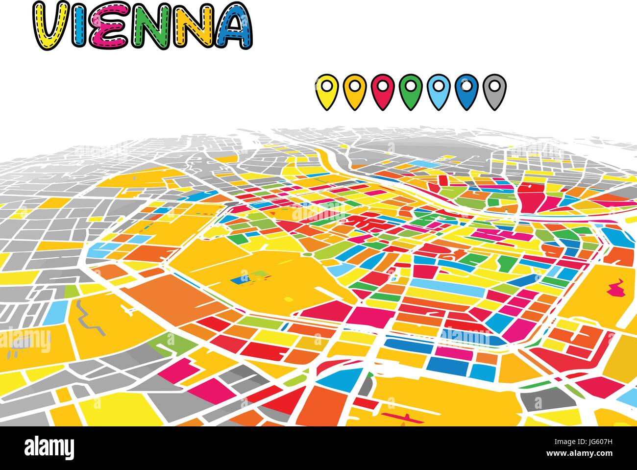 Wien, Österreich, die Innenstadt von 3D Vektorkarte von berühmten Straßen. Hellen Vordergrund voller Farben. Weiße Straßen, Wasserwege und grauen Hintergrund areal. Weiß Stock Vektor