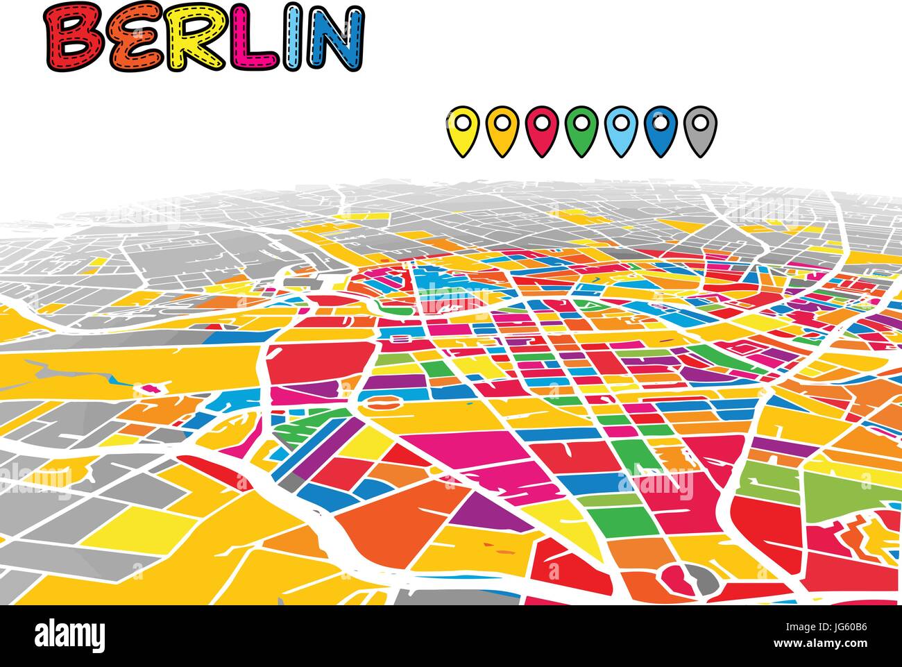 Berlin, Deutschland, Innenstadt 3D Vektorkarte von berühmten Straßen. Hellen Vordergrund voller Farben. Weiße Straßen, Wasserwege und grauen Hintergrund areal. Weiß Stock Vektor