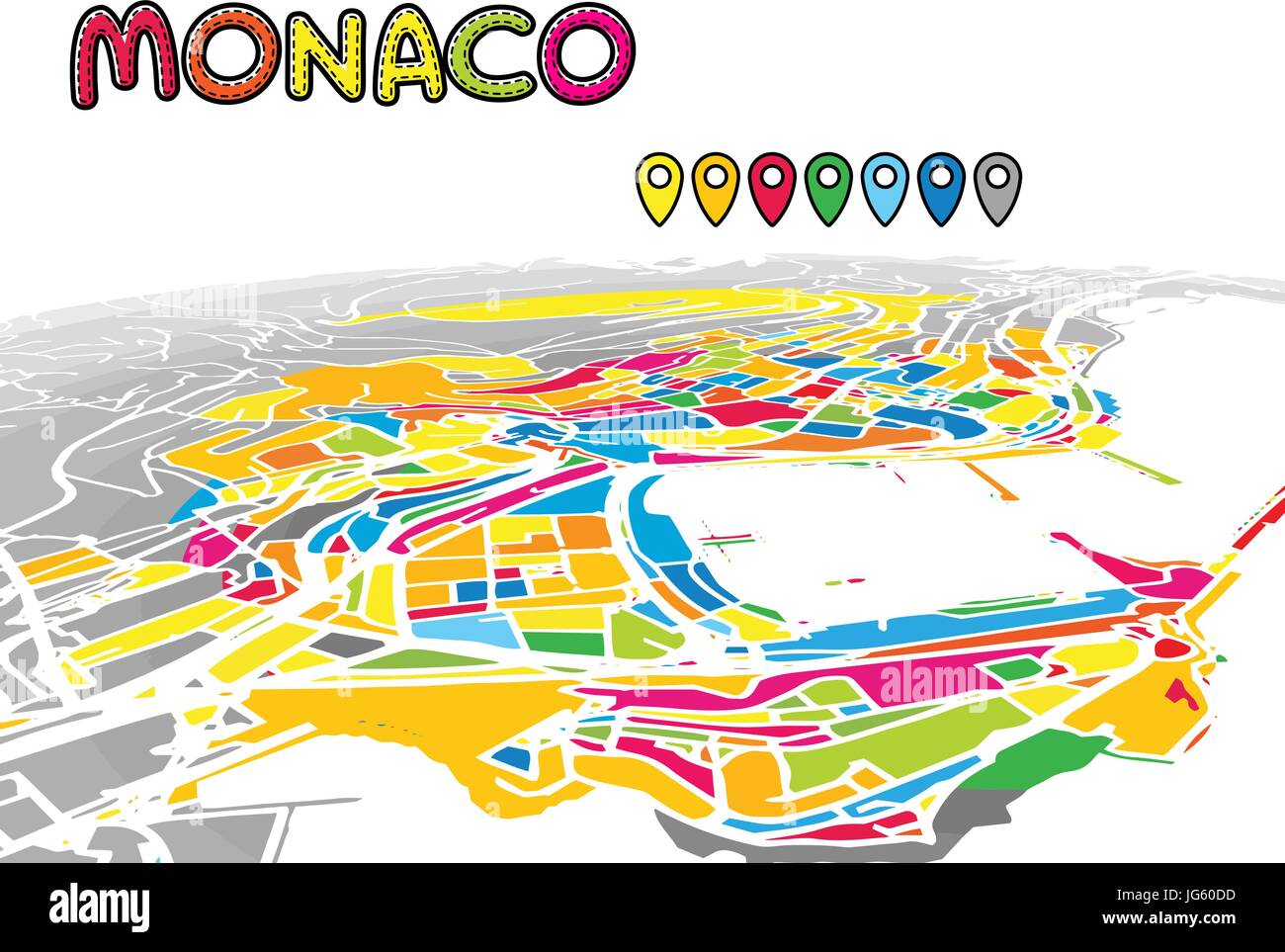 Monaco, Monaco, die Innenstadt von 3D Vektorkarte von berühmten Straßen. Hellen Vordergrund voller Farben. Weiße Straßen, Wasserwege und grauen Hintergrund areal. Weiß Stock Vektor