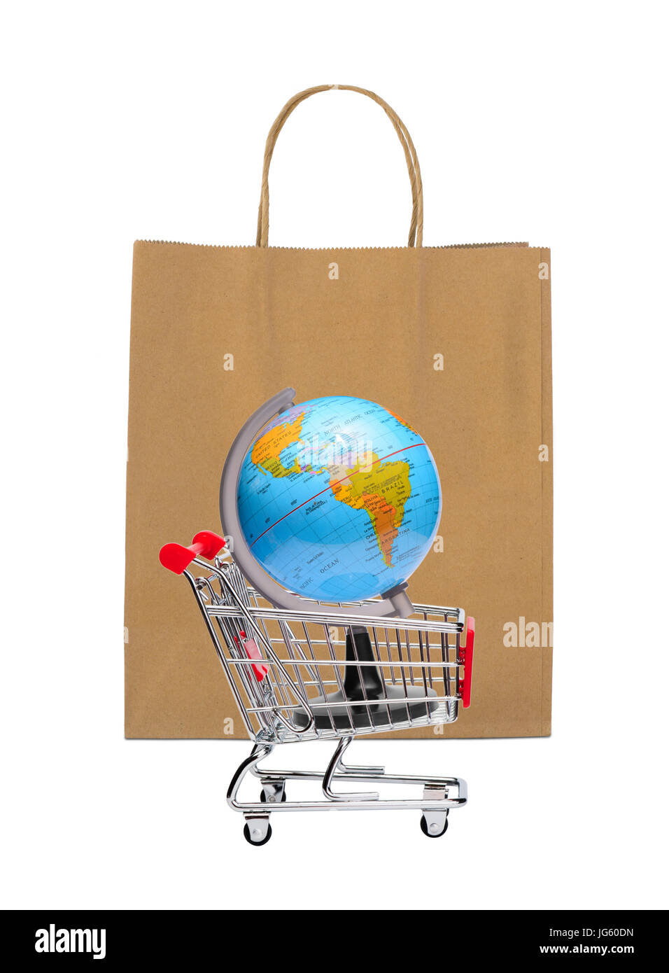 Erde auf Einkaufswagen mit braune Papiertüte Stockfoto