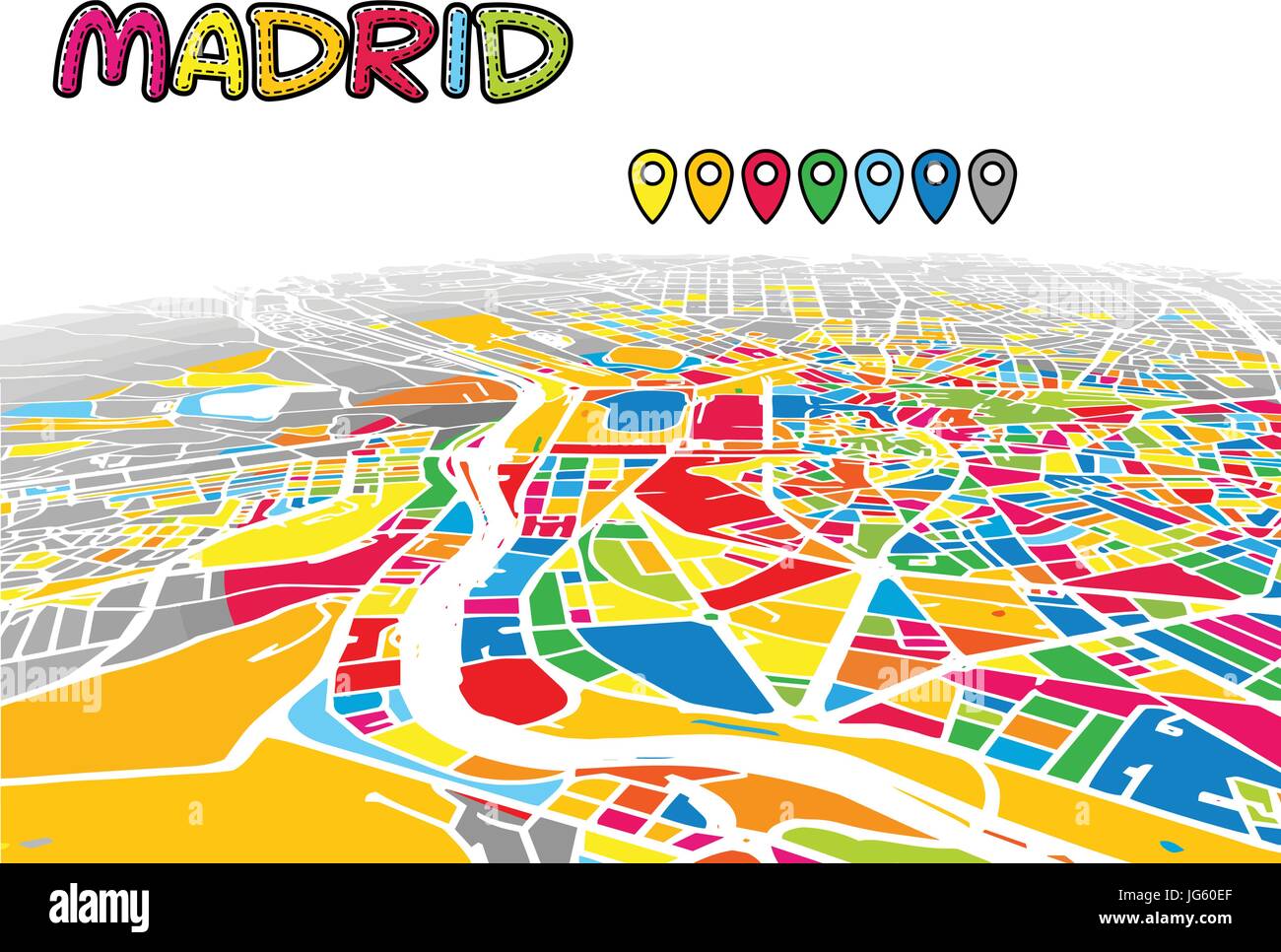 Madrid, Spanien, die Innenstadt von 3D Vektorkarte von berühmten Straßen. Hellen Vordergrund voller Farben. Weiße Straßen, Wasserwege und grauen Hintergrund areal. Weiße H Stock Vektor