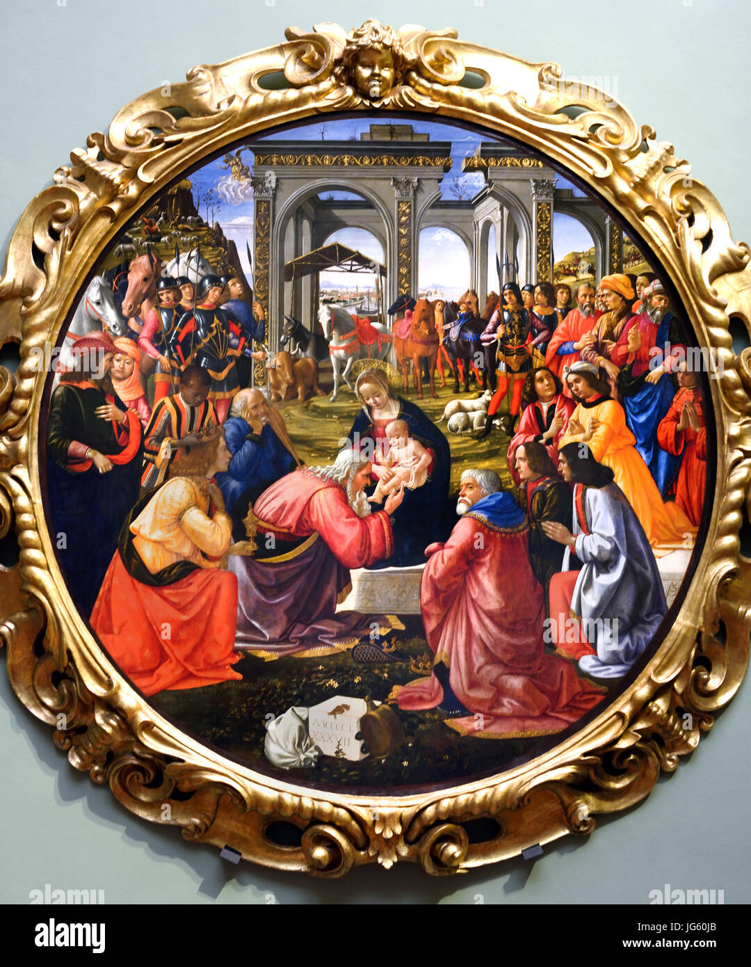 Anbetung der Heiligen drei Könige 1487 Domenico Ghirlandaio - Domenico di Tommaso Curradi di Doffo Bigordi (1449-1494), Maler der Freskenzyklen und Michelangelos Lehrer Italien (italienische Renaissance-Maler in Florenz geboren.) Stockfoto