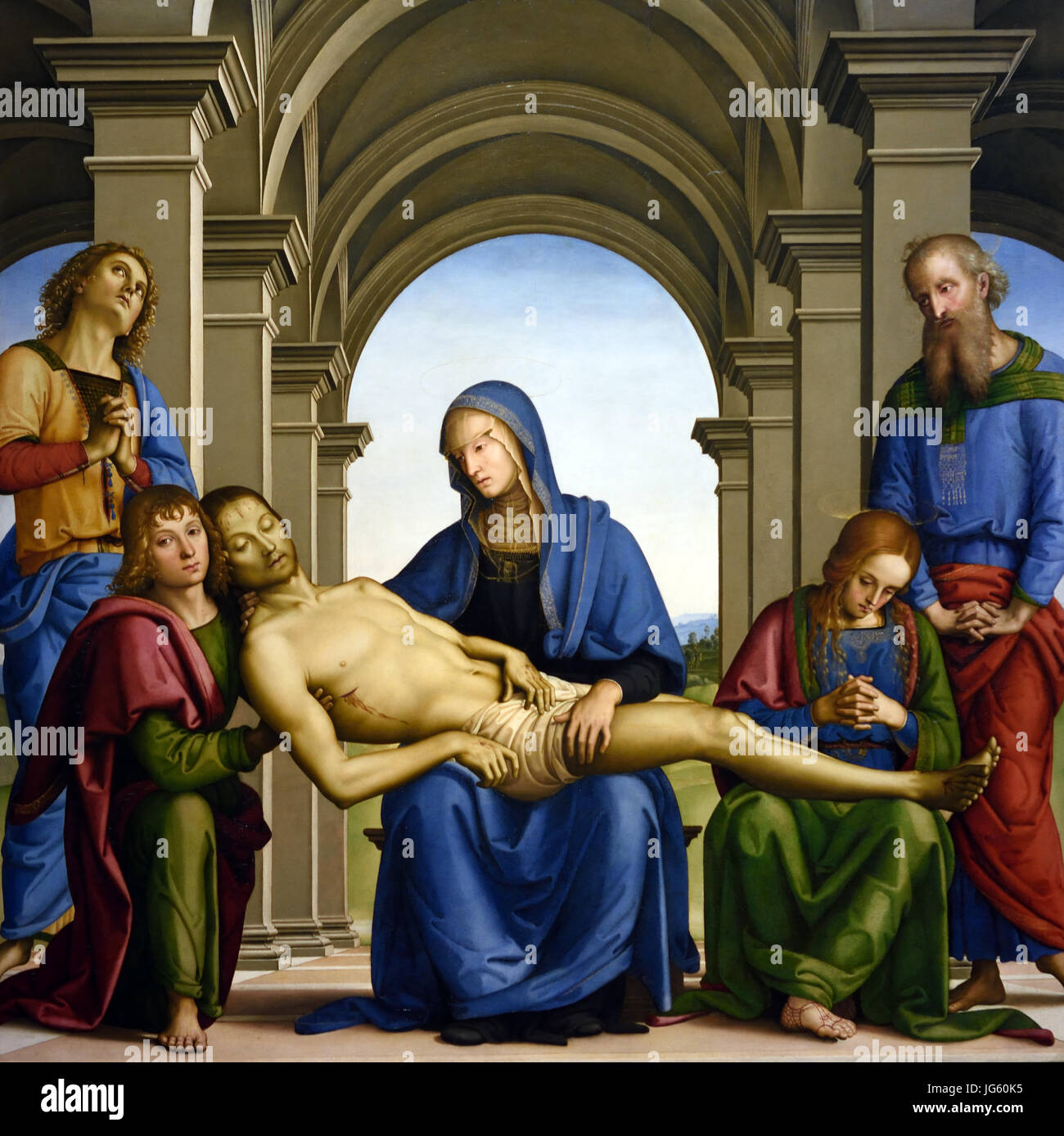 Pieta 1493 Pietro Perugino 1446/1452 – 1523 Geboren Pietro Vannucci, italienischer Renaissance-Maler der umbrischen Schule, Italien ( gemalt für die Kirche des Klosters von San Giusto ) Stockfoto