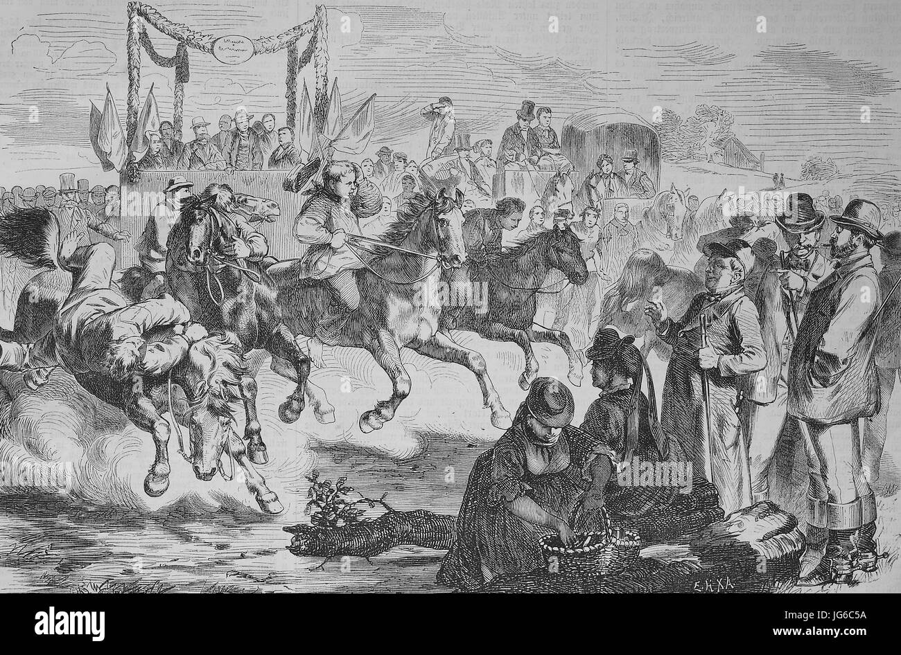Digital verbessert:, ein landwirtschaftliches fest in Mecklenburg, Deutschland, Bauern organisieren Trab Rennen mit ihren Pferden, Abbildung aus dem 19. Jahrhundert Stockfoto