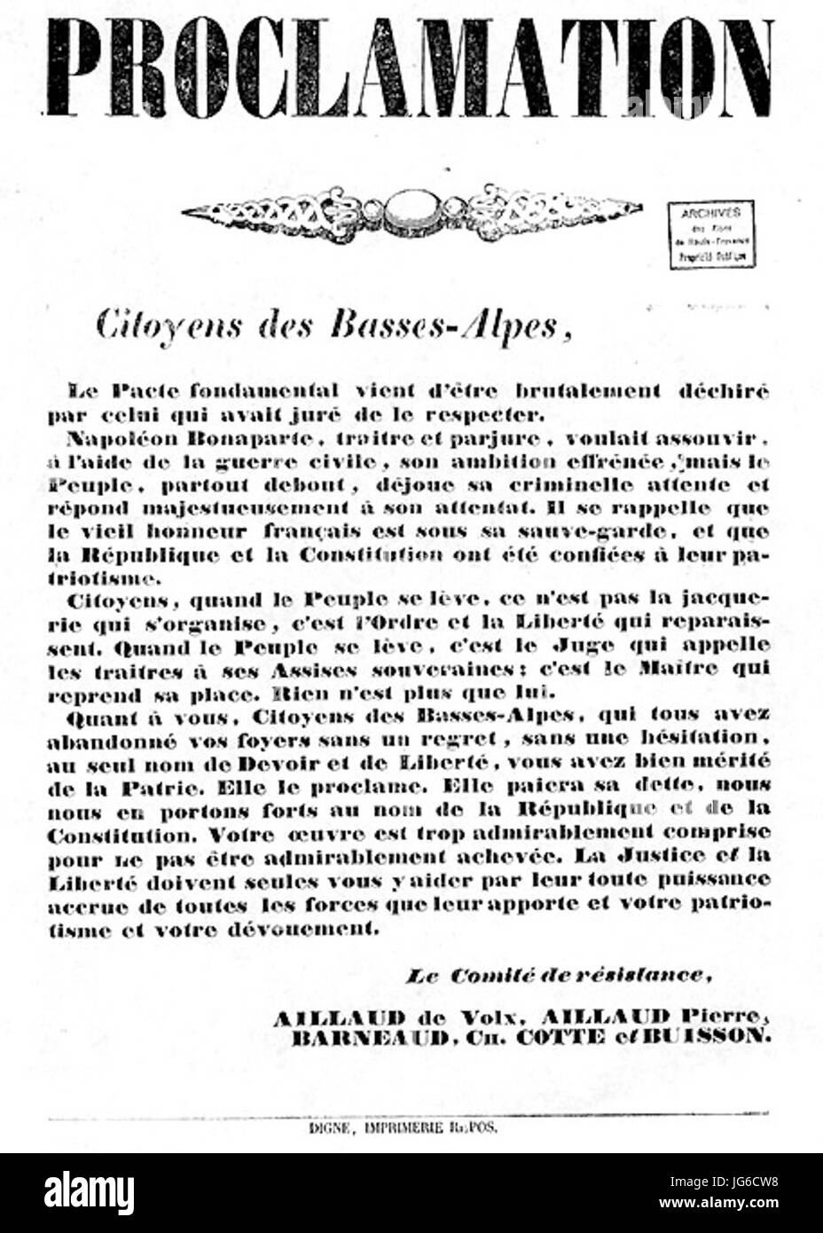 Verkündigung Contre le Coup D'État de 1851 Dans Les Alpes Bässe Stockfoto